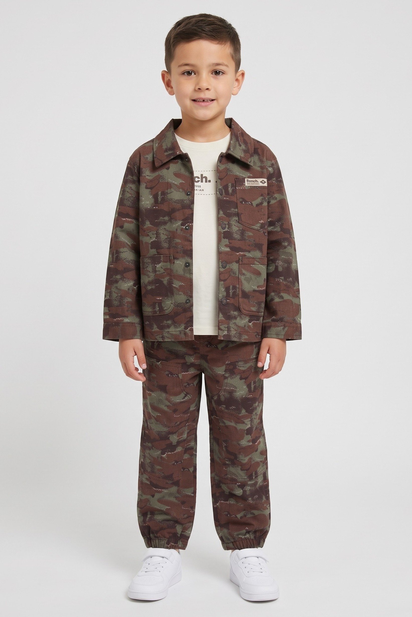 Kids Boy 3 Pcs Camouflage Long Sleeve Shacket And T-shirt With Pants Set, Multicolor
