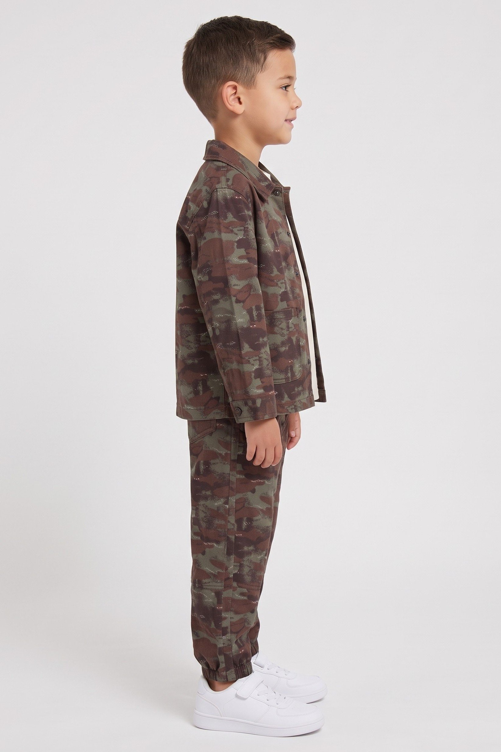 Kids Boy 3 Pcs Camouflage Long Sleeve Shacket And T-shirt With Pants Set, Multicolor