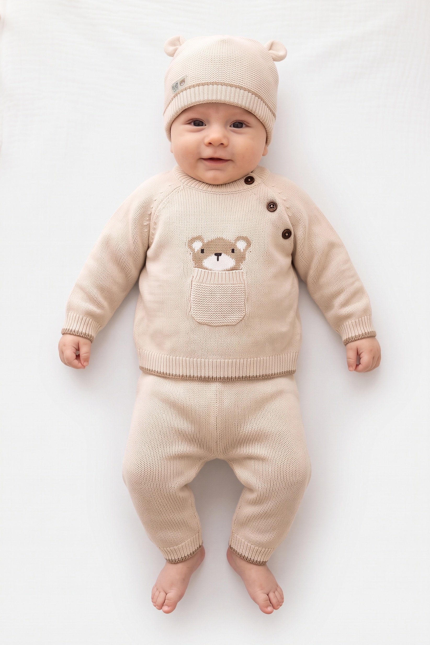 Toddlers Boy 3 Pcs Knitted Sweater And Pants With Beanie, Beige