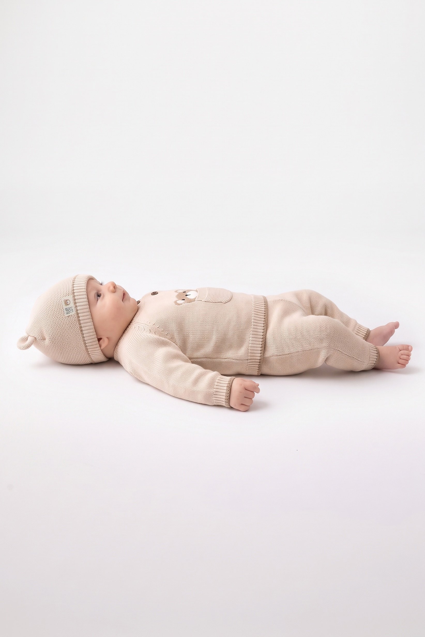 Toddlers Boy 3 Pcs Knitted Sweater And Pants With Beanie, Beige
