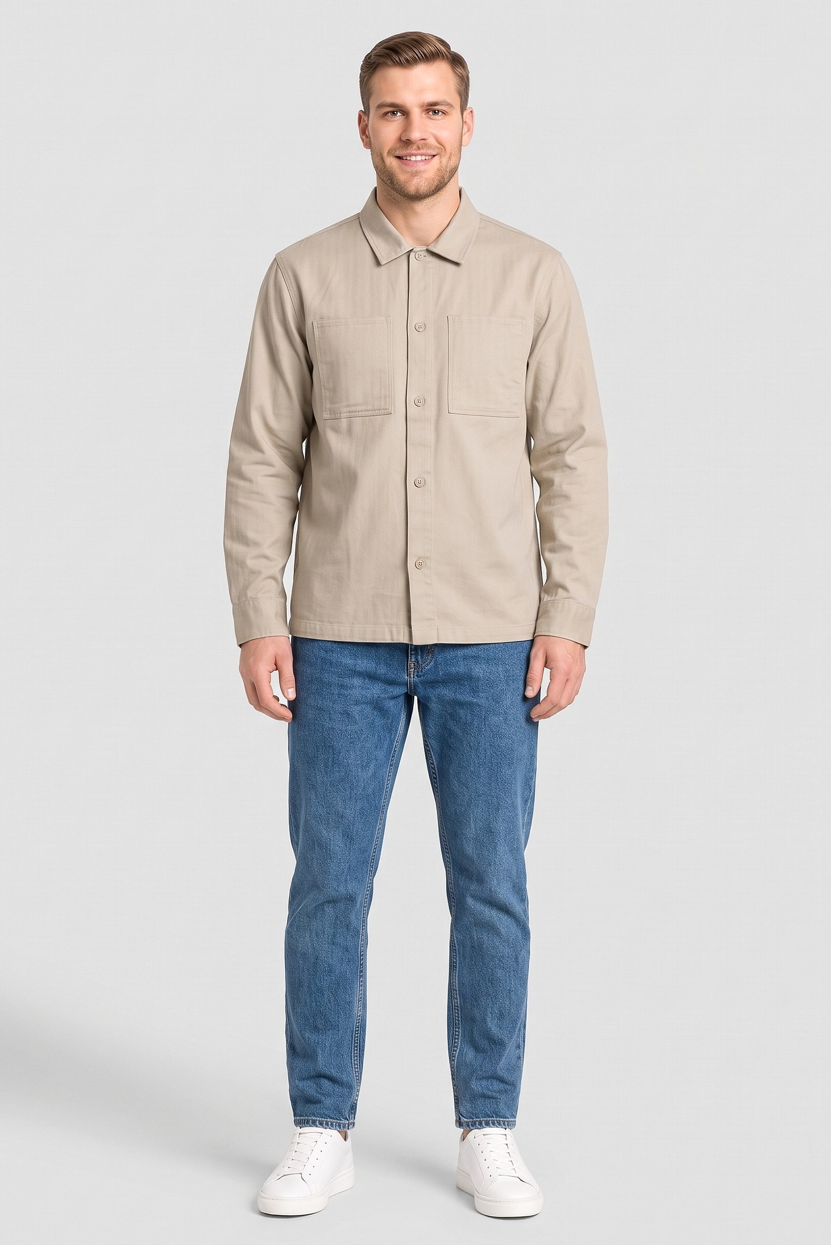 Men Regular Fit Long Sleeve Solid Jacket Shirt, Dark Beige