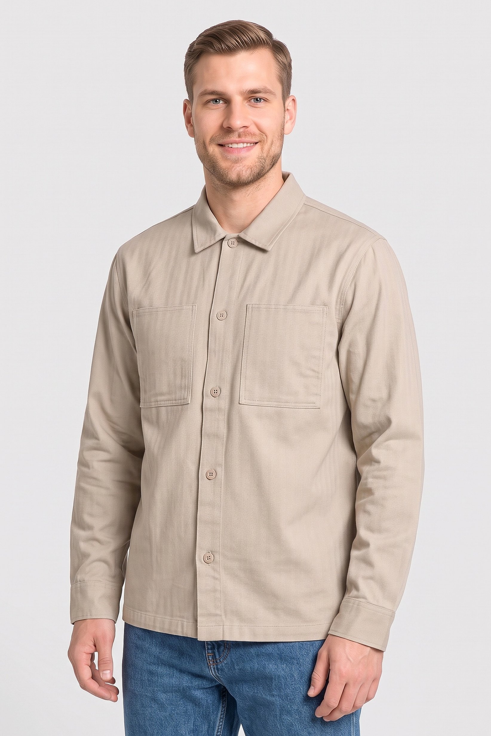 Men Regular Fit Long Sleeve Solid Jacket Shirt, Dark Beige