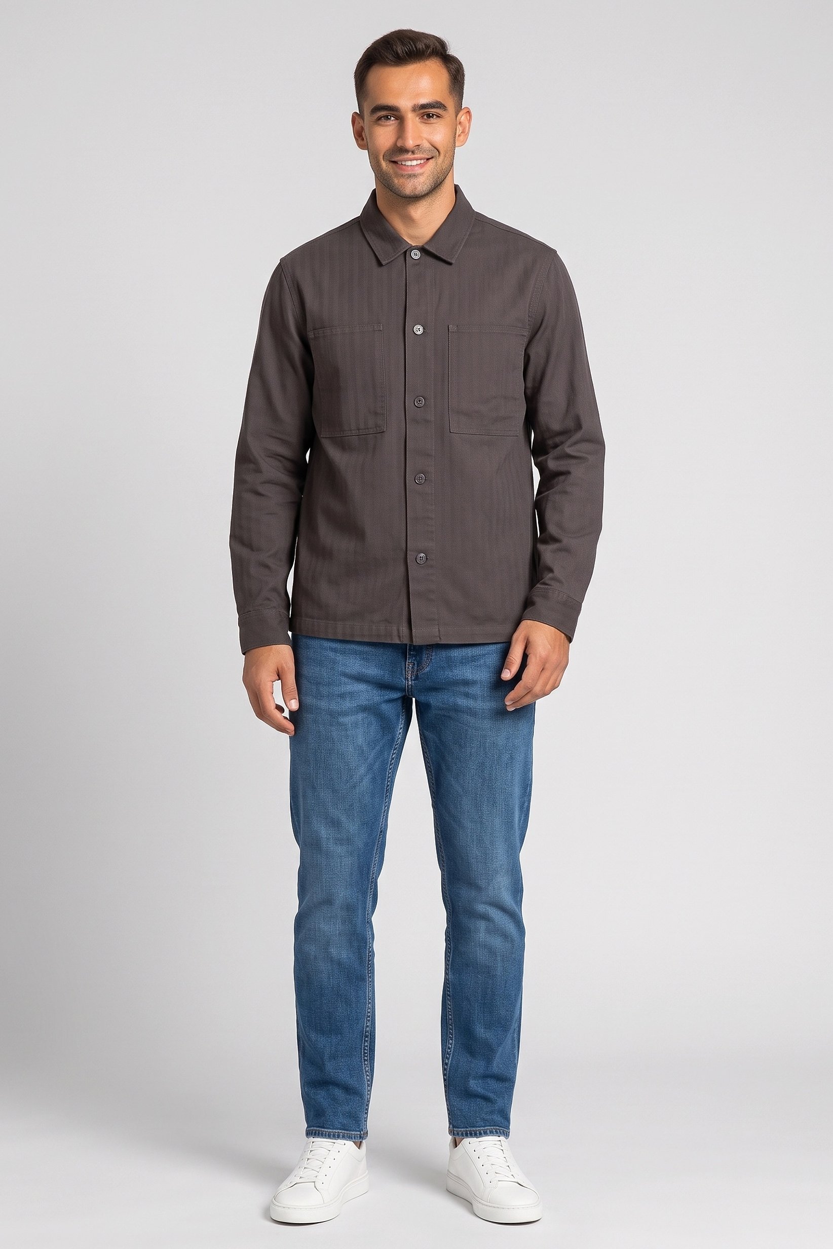Men Regular Fit Long Sleeve Solid Jacket Shirt, Dark Grey