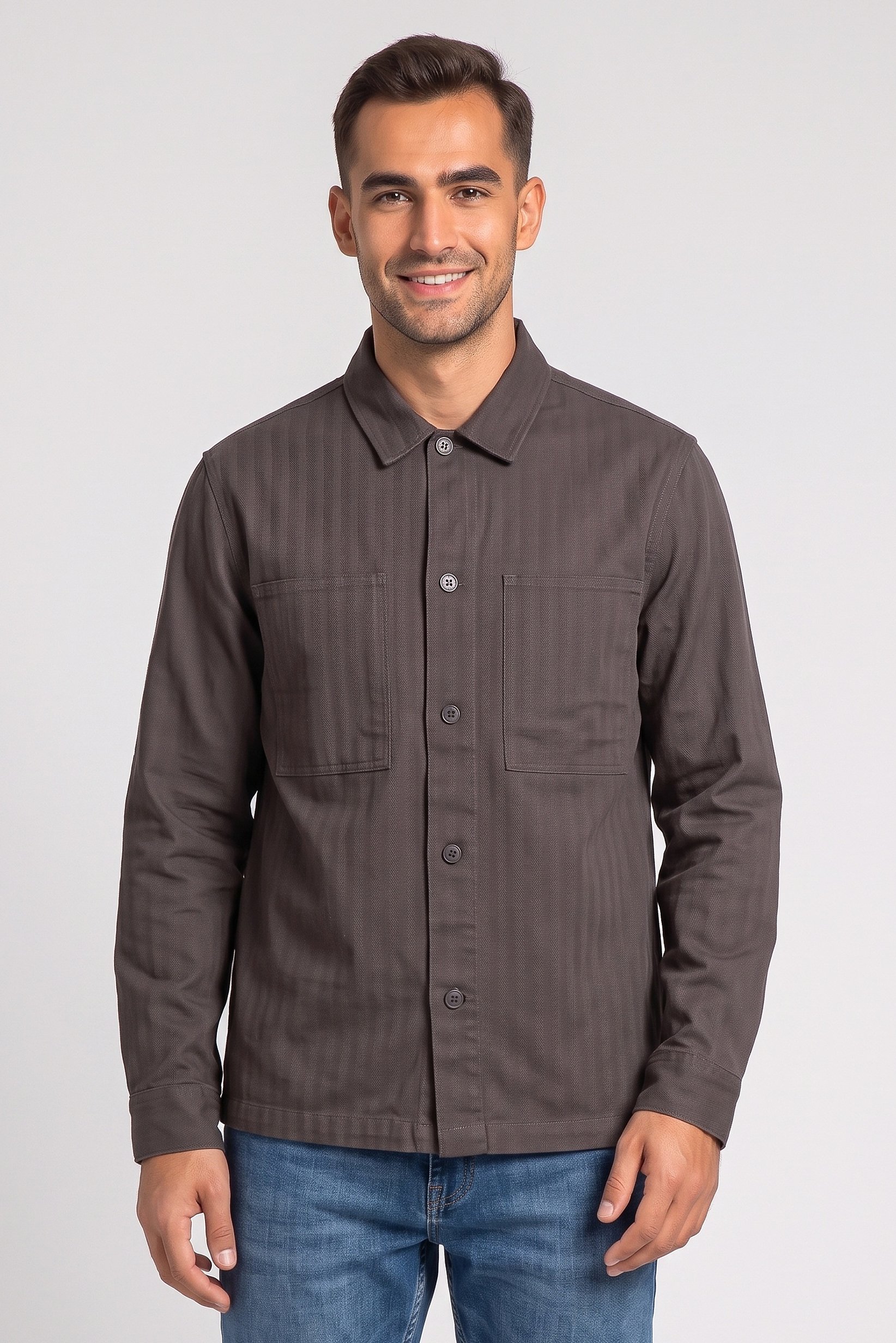 Men Regular Fit Long Sleeve Solid Jacket Shirt, Dark Grey
