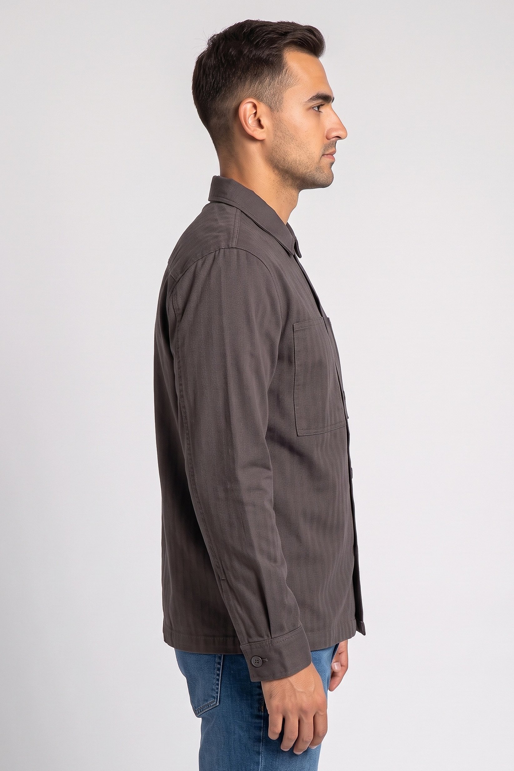 Men Regular Fit Long Sleeve Solid Jacket Shirt, Dark Grey