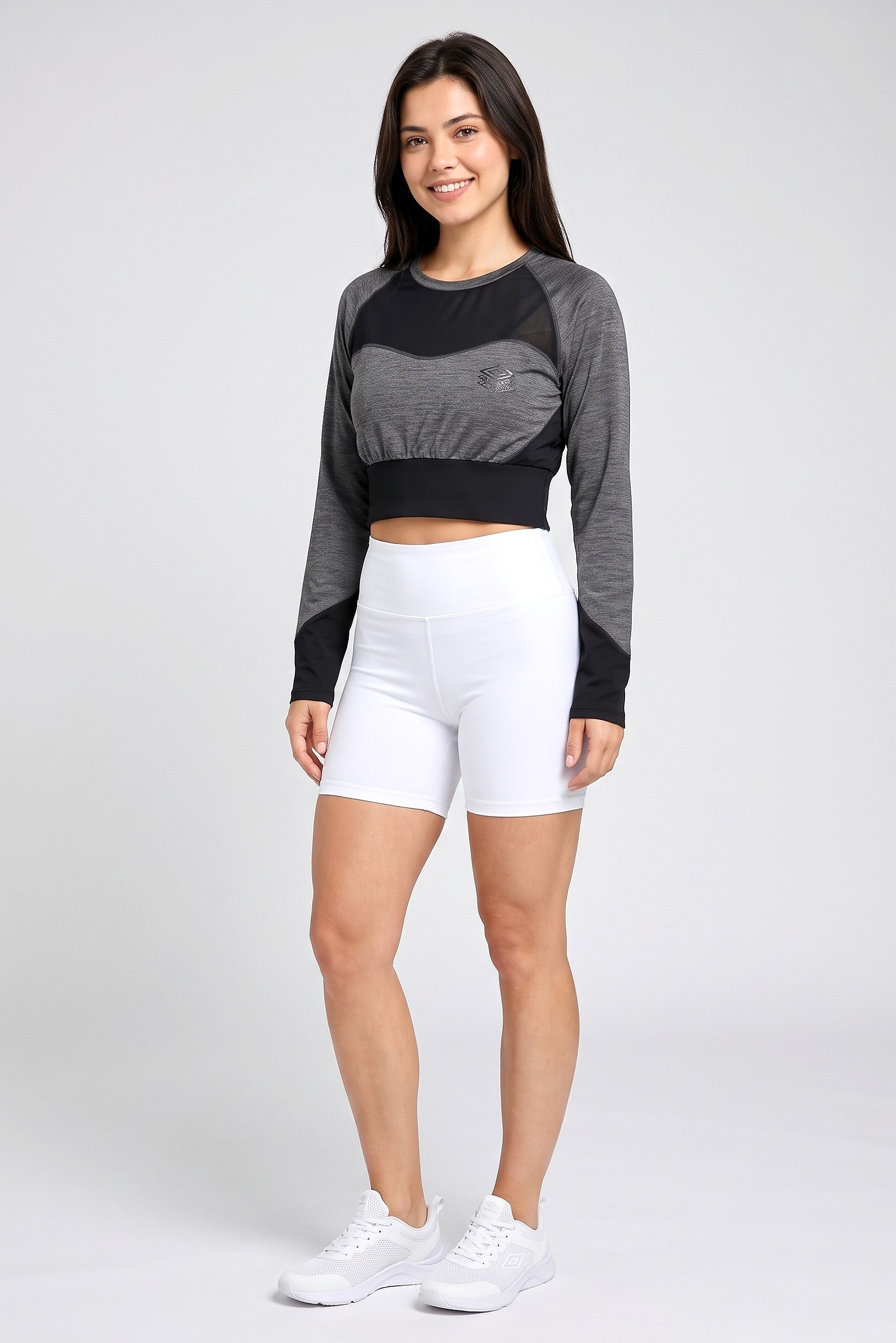 Women Sportswear Fit Long Sleeve Training Crop Top, Heather Black
