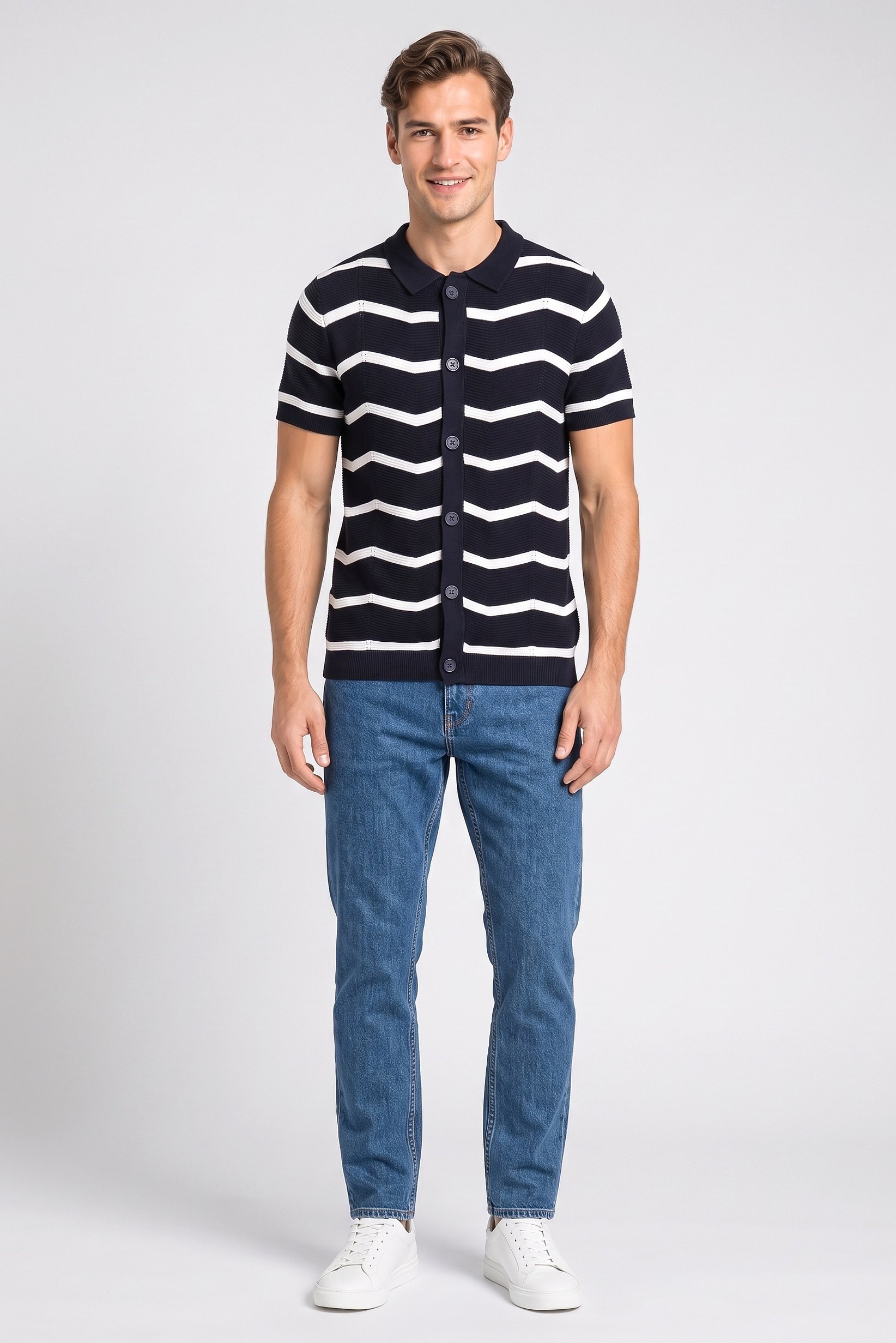 Men Spread Collar Stripe Cardigan, Multicolor