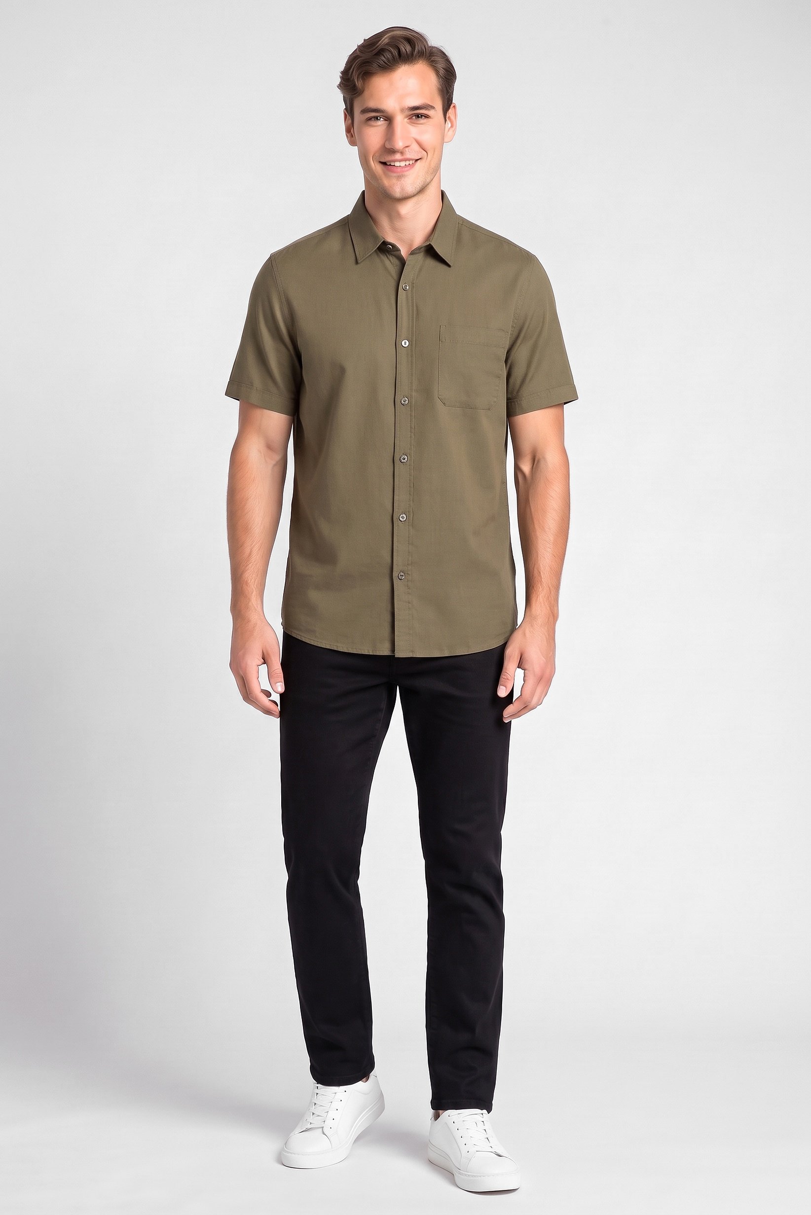 Men Regular Fit Plain Short Sleeve Casual Shirt, Olive