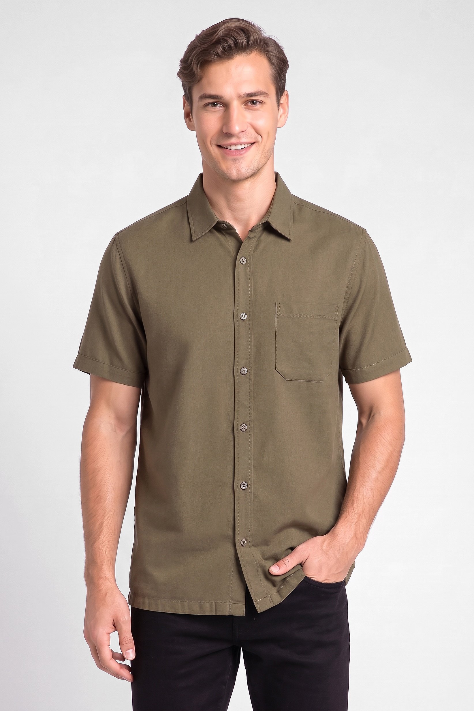 Men Regular Fit Plain Short Sleeve Casual Shirt, Olive