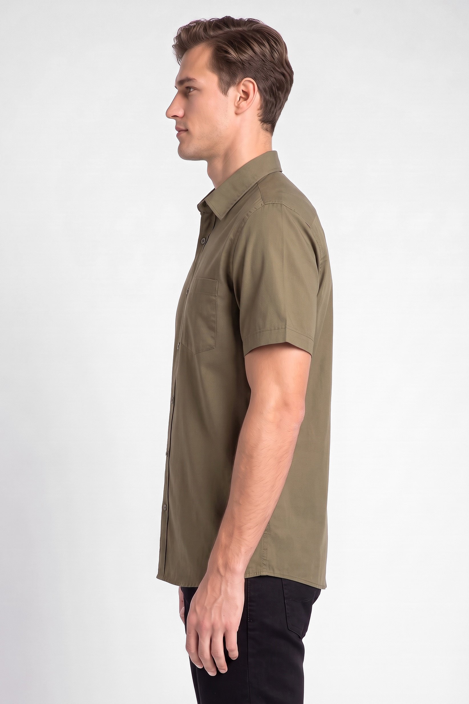 Men Regular Fit Plain Short Sleeve Casual Shirt, Olive