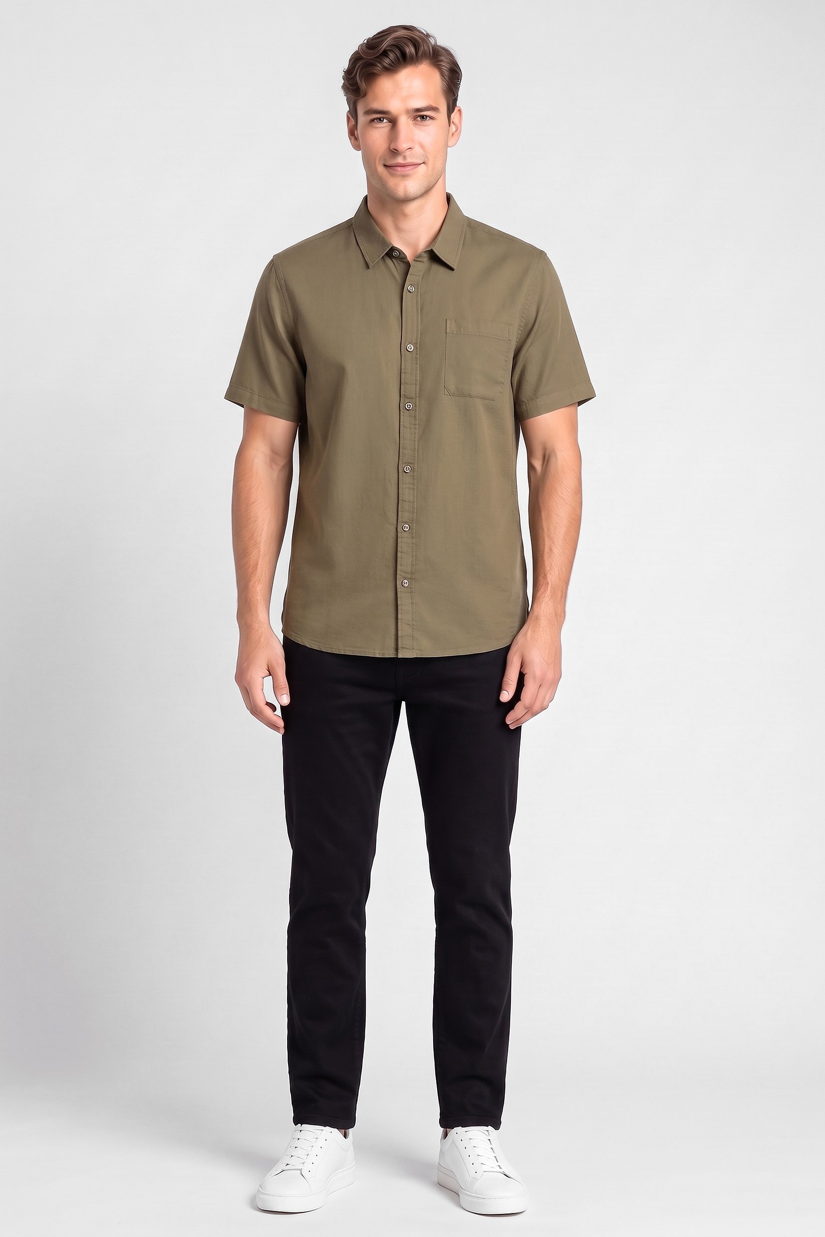 Men Regular Fit Short Sleeve Plain Casual Shirt, Olive