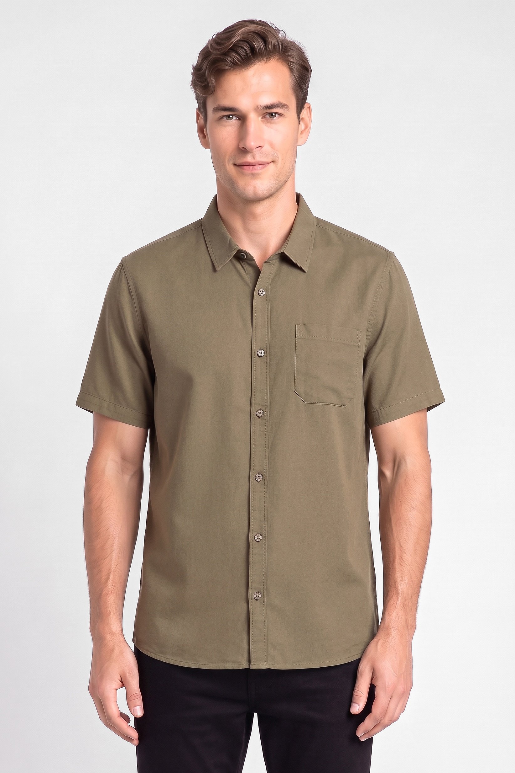 Men Regular Fit Short Sleeve Plain Casual Shirt, Olive