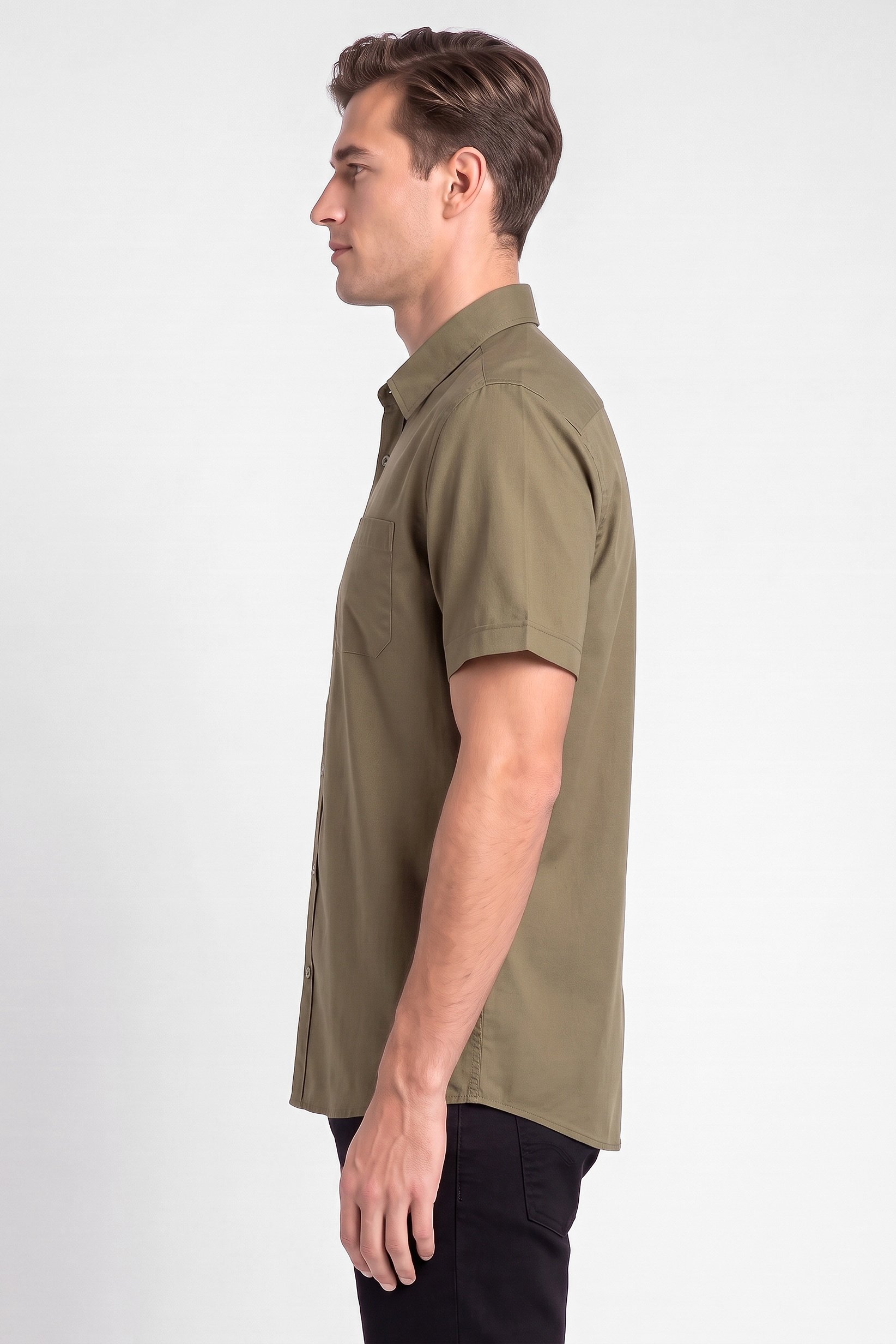 Men Regular Fit Short Sleeve Plain Casual Shirt, Olive