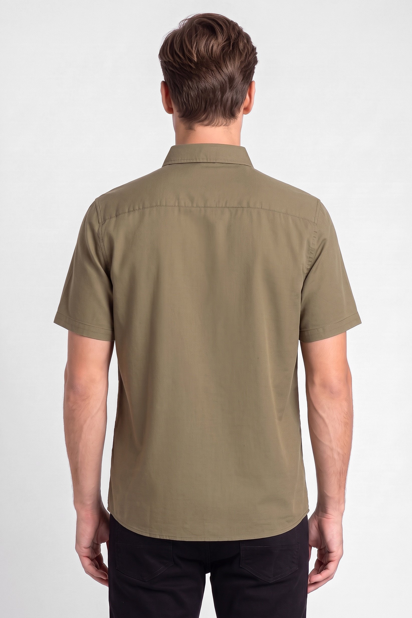 Men Regular Fit Short Sleeve Plain Casual Shirt, Olive