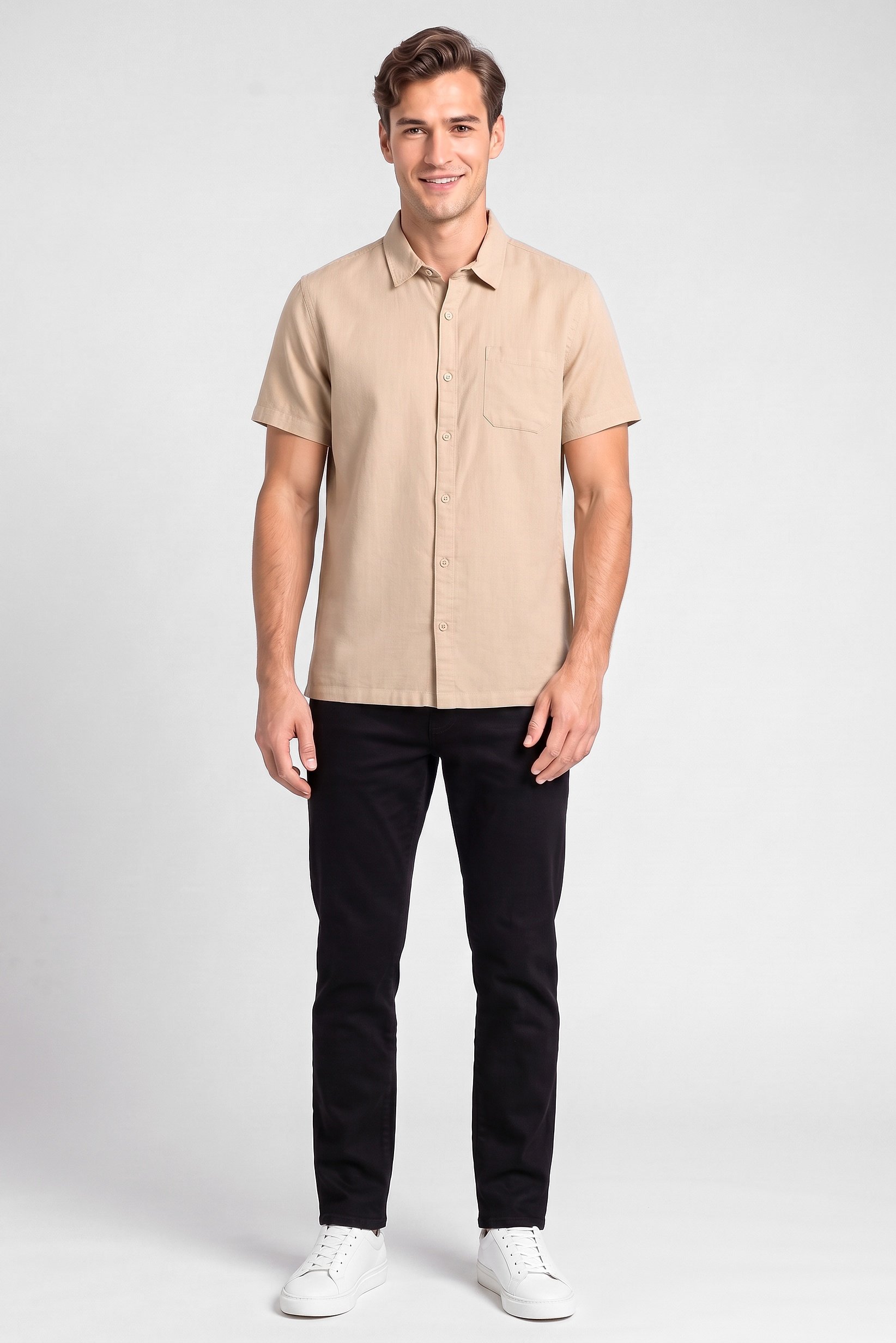 Men Regular Fit Short Sleeve Plain Casual Shirt, Beige