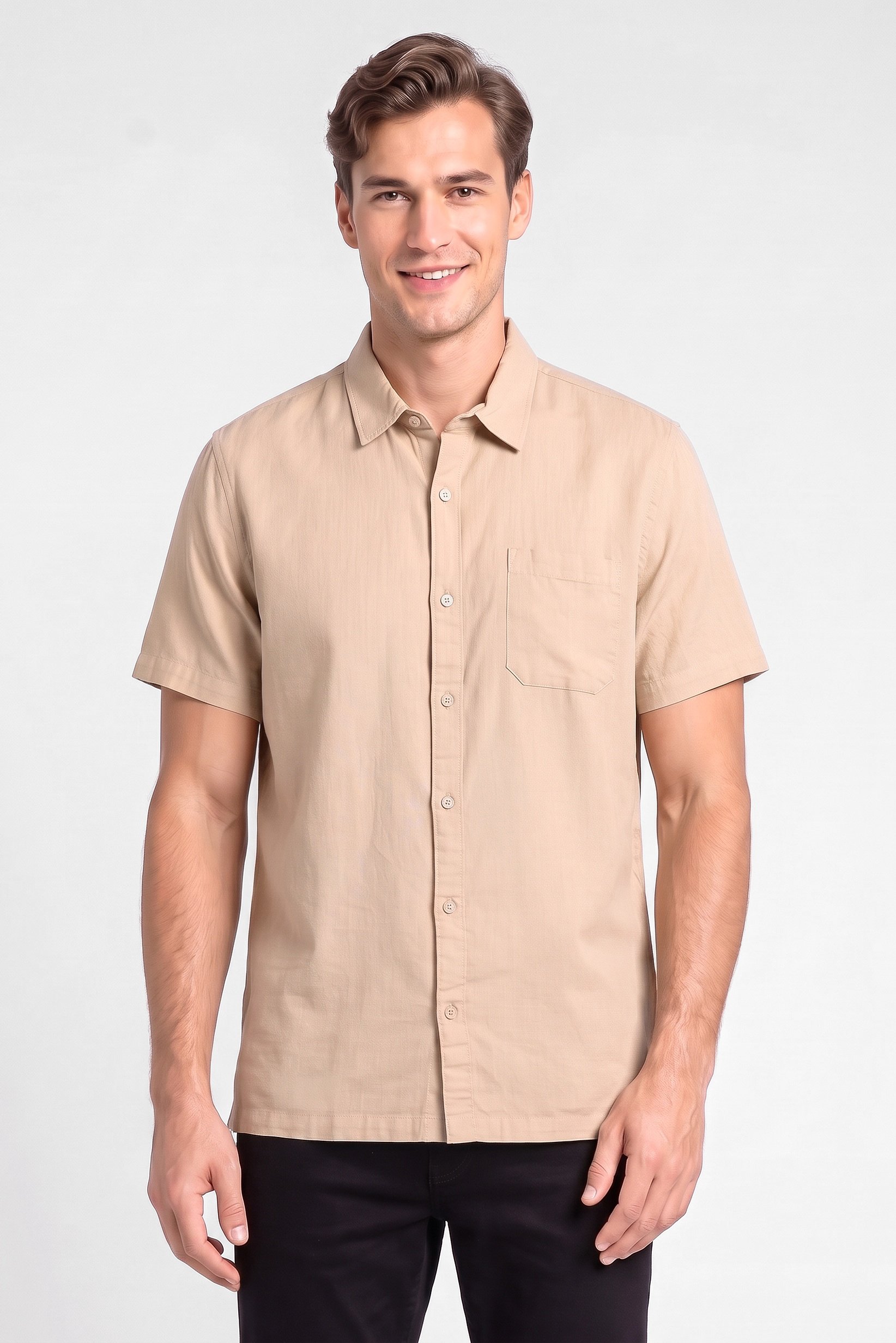 Men Regular Fit Short Sleeve Plain Casual Shirt, Beige