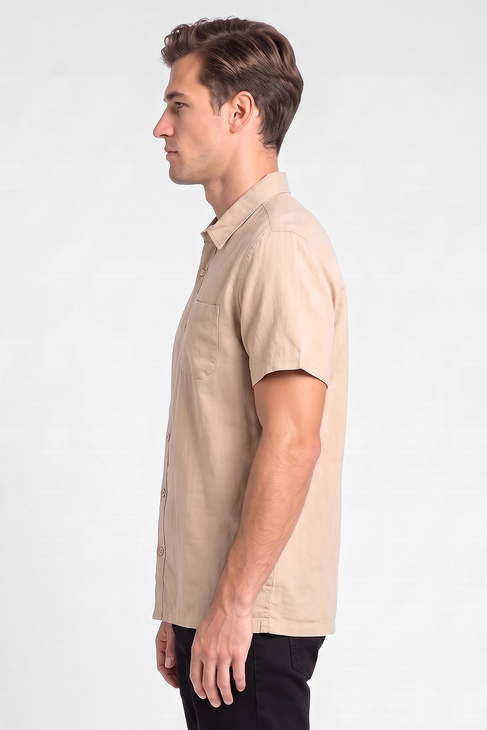 Men Regular Fit Short Sleeve Plain Casual Shirt, Beige