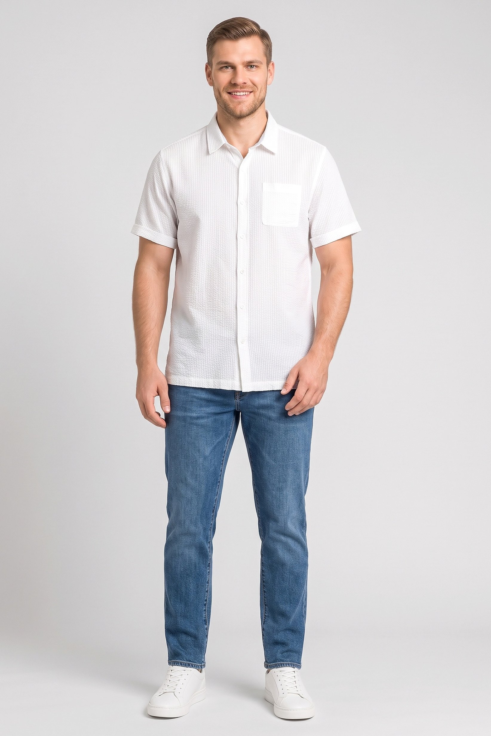 Men Regular Fit Short Sleeve Textured Casual Shirt, White