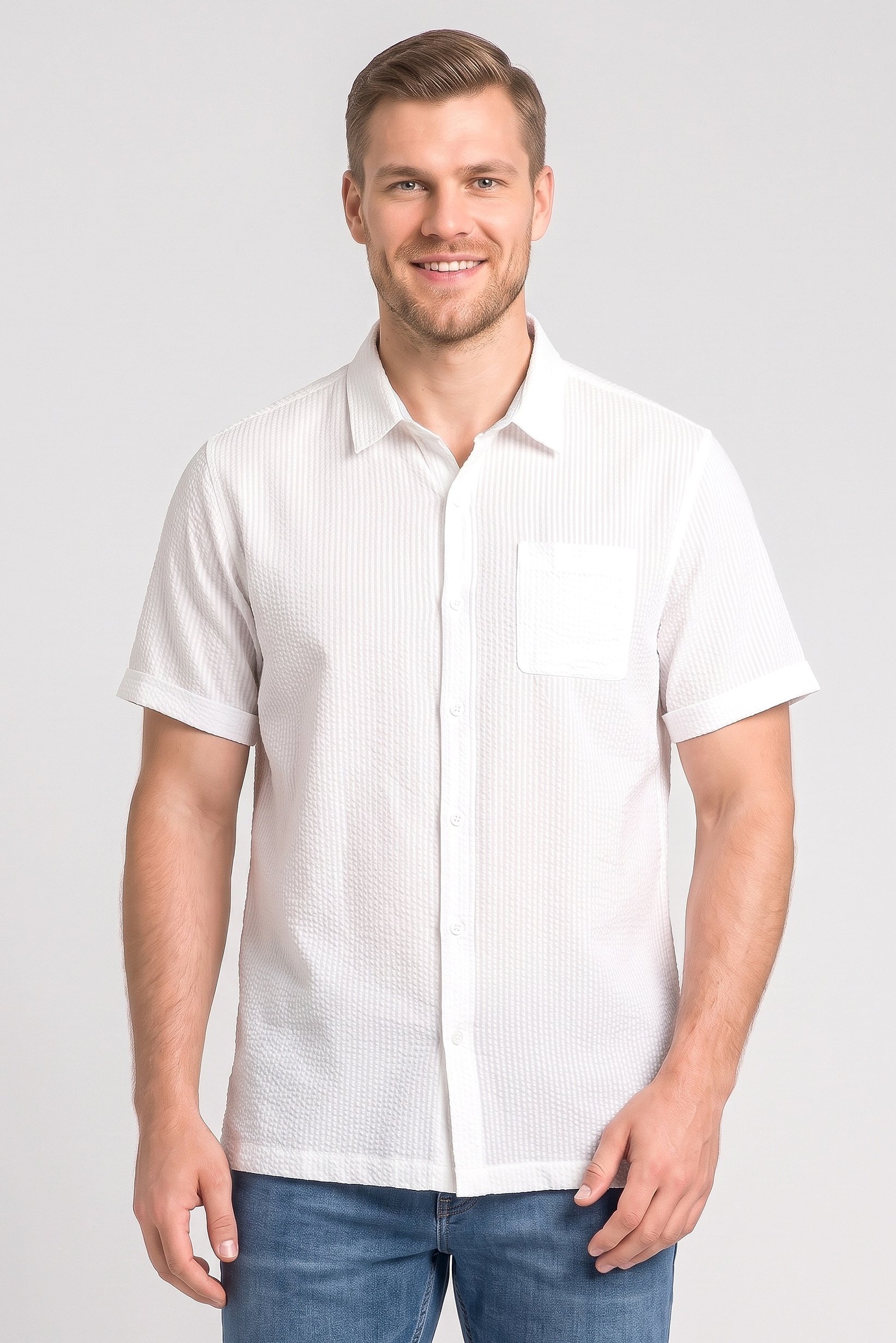 Men Regular Fit Short Sleeve Textured Casual Shirt, White