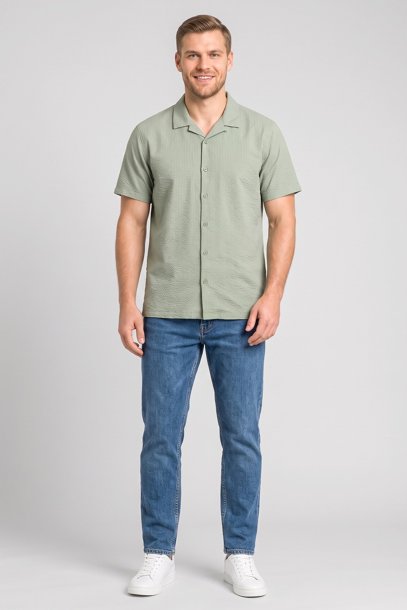 Men Regular Fit Textured Short Sleeve Casual Shirt, Sage Green