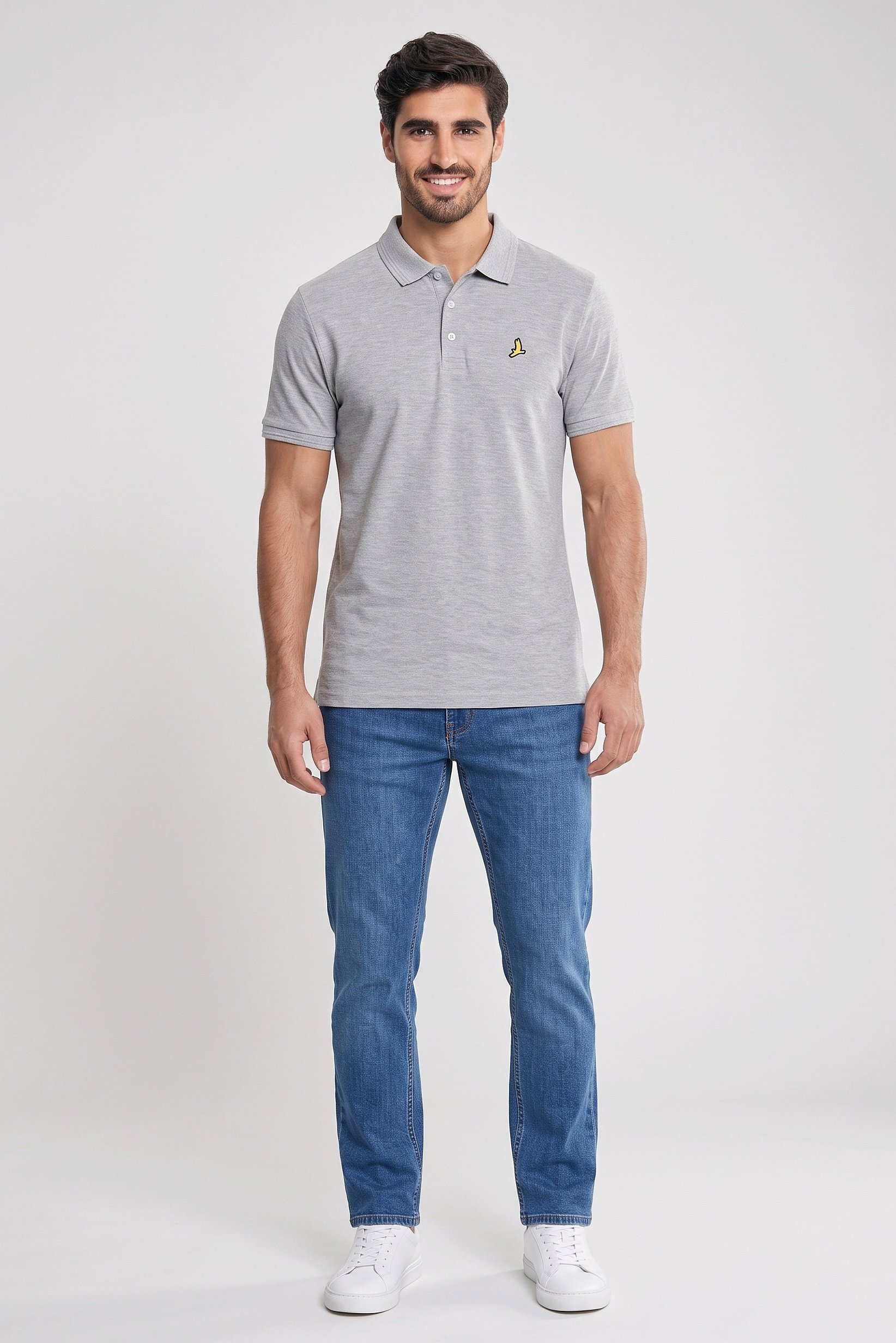 Men Regular Fit Brand Logo Short Sleeve Polo Shirt, Grey