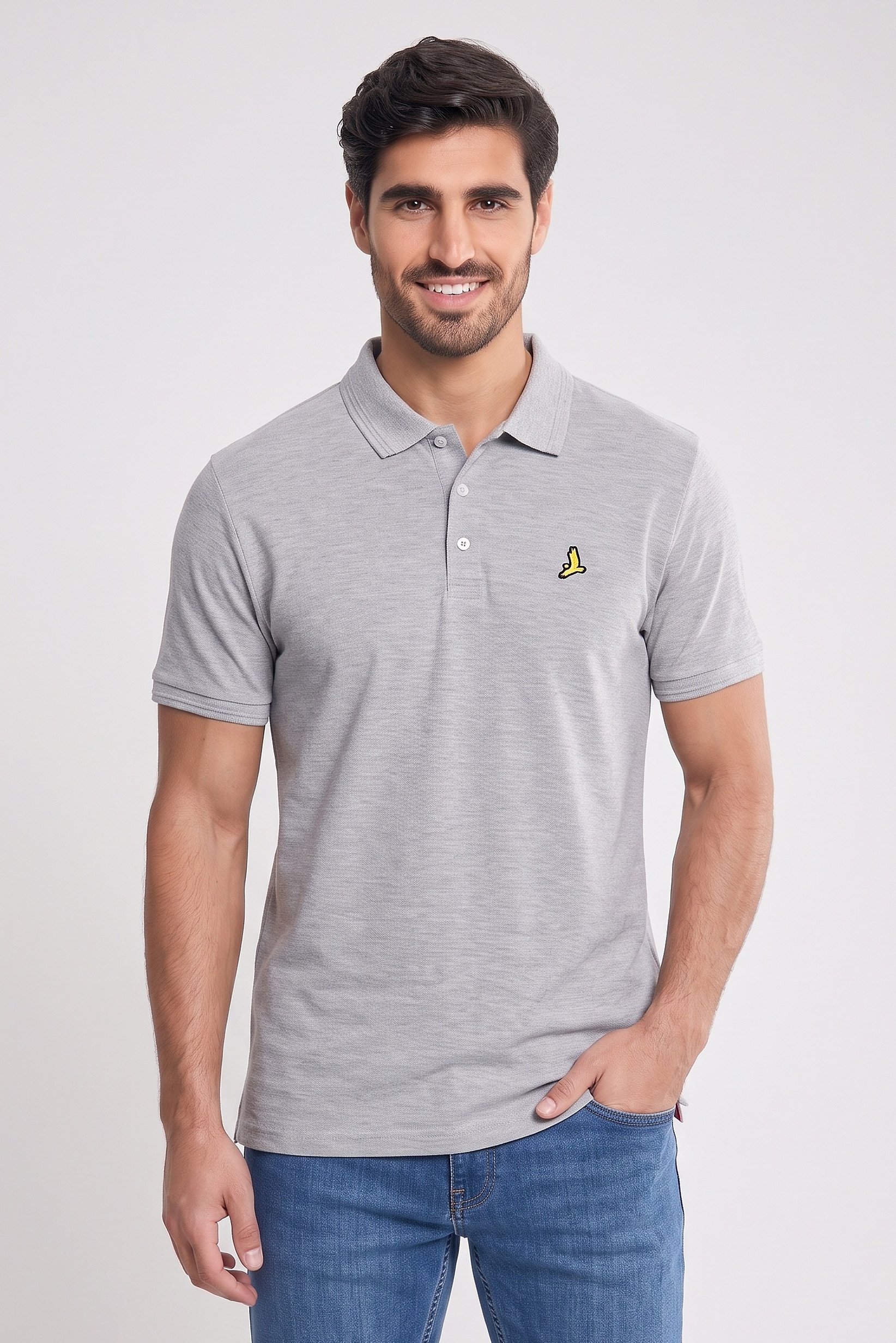 Men Regular Fit Brand Logo Short Sleeve Polo Shirt, Grey