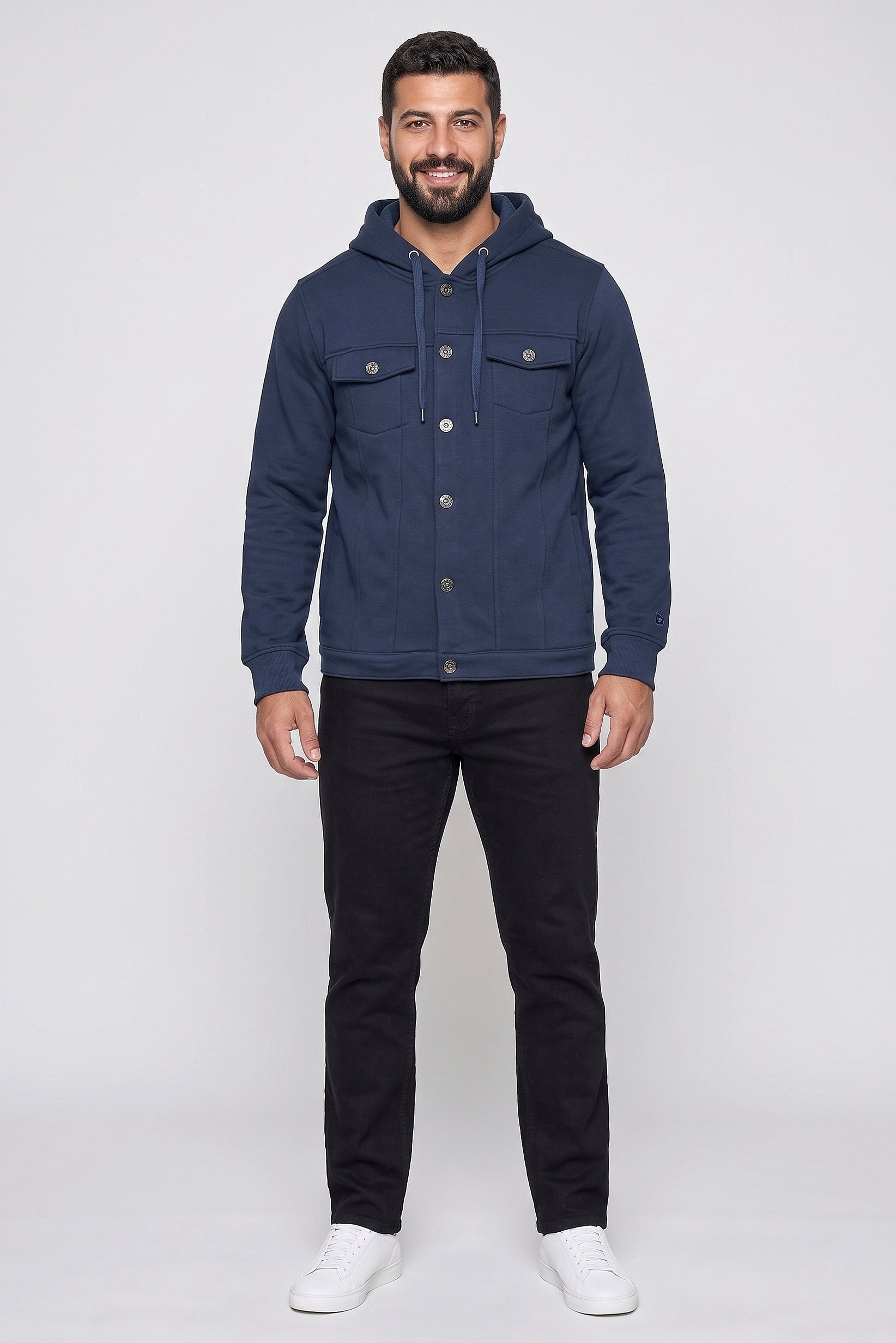 Men Solid Hooded  Jacket, Navy Blue