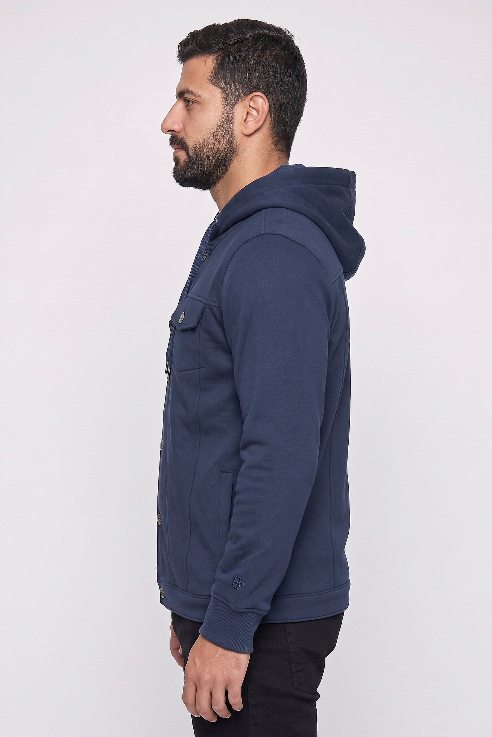 Men Solid Hooded  Jacket, Navy Blue