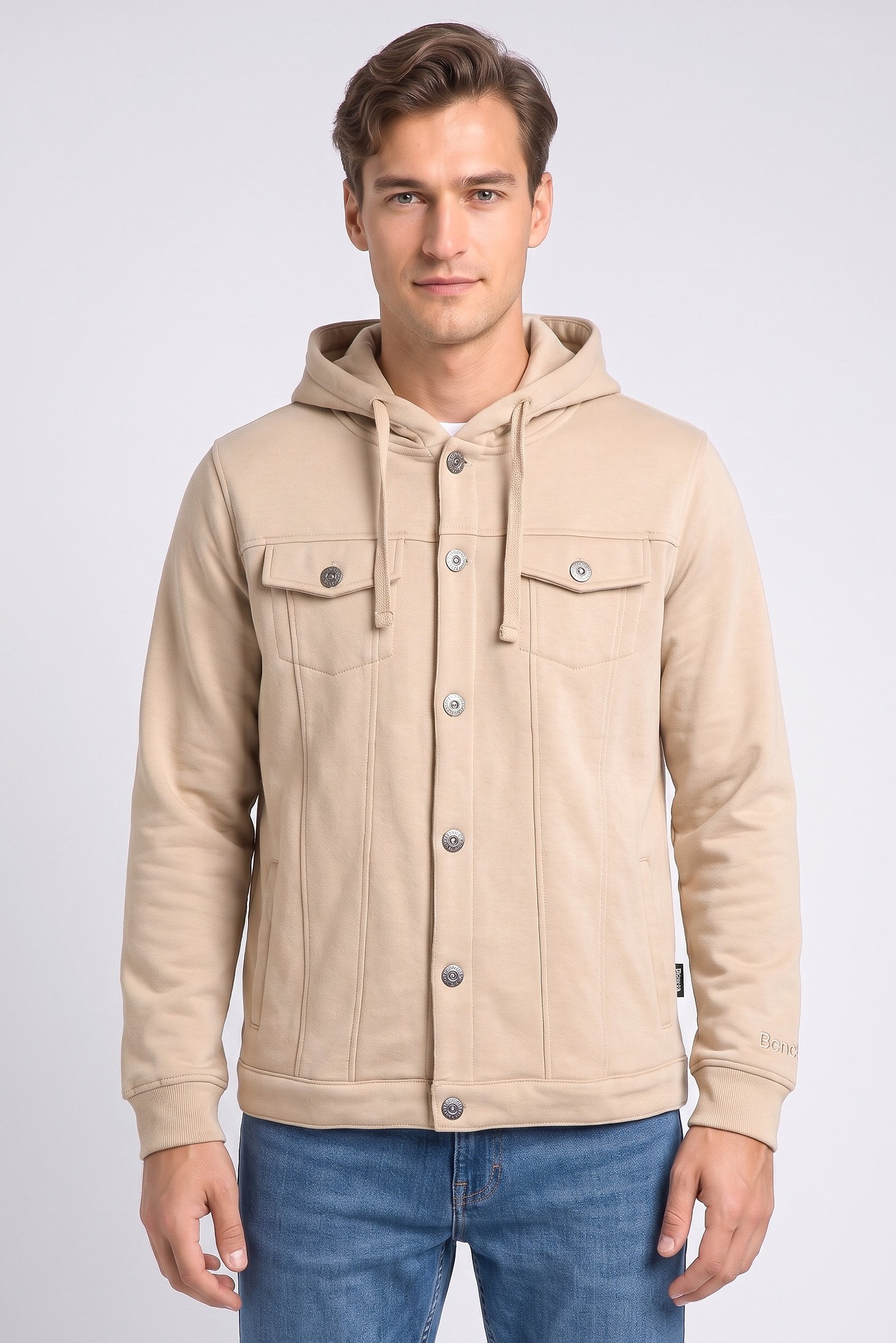Men Plain Hooded Jacket, Beige