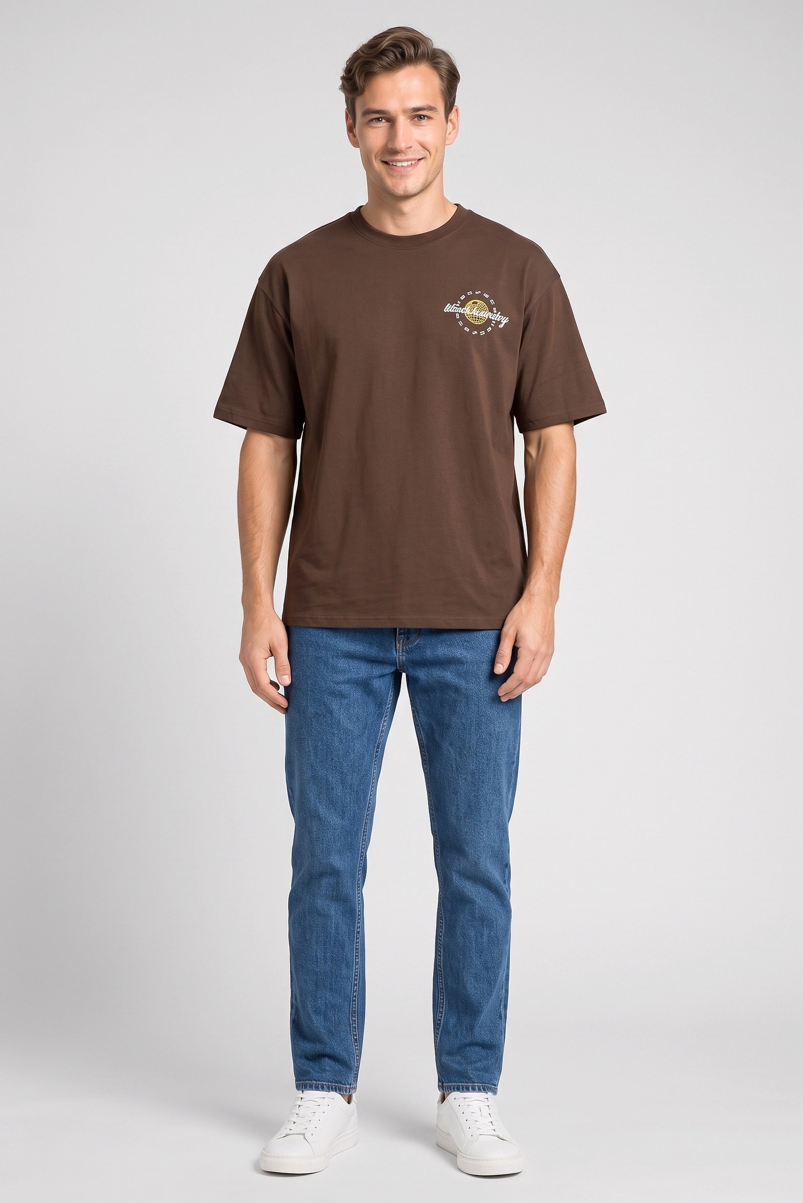 Men Crew Neck Graphic Print Short Sleeve T-Shirt, Brown