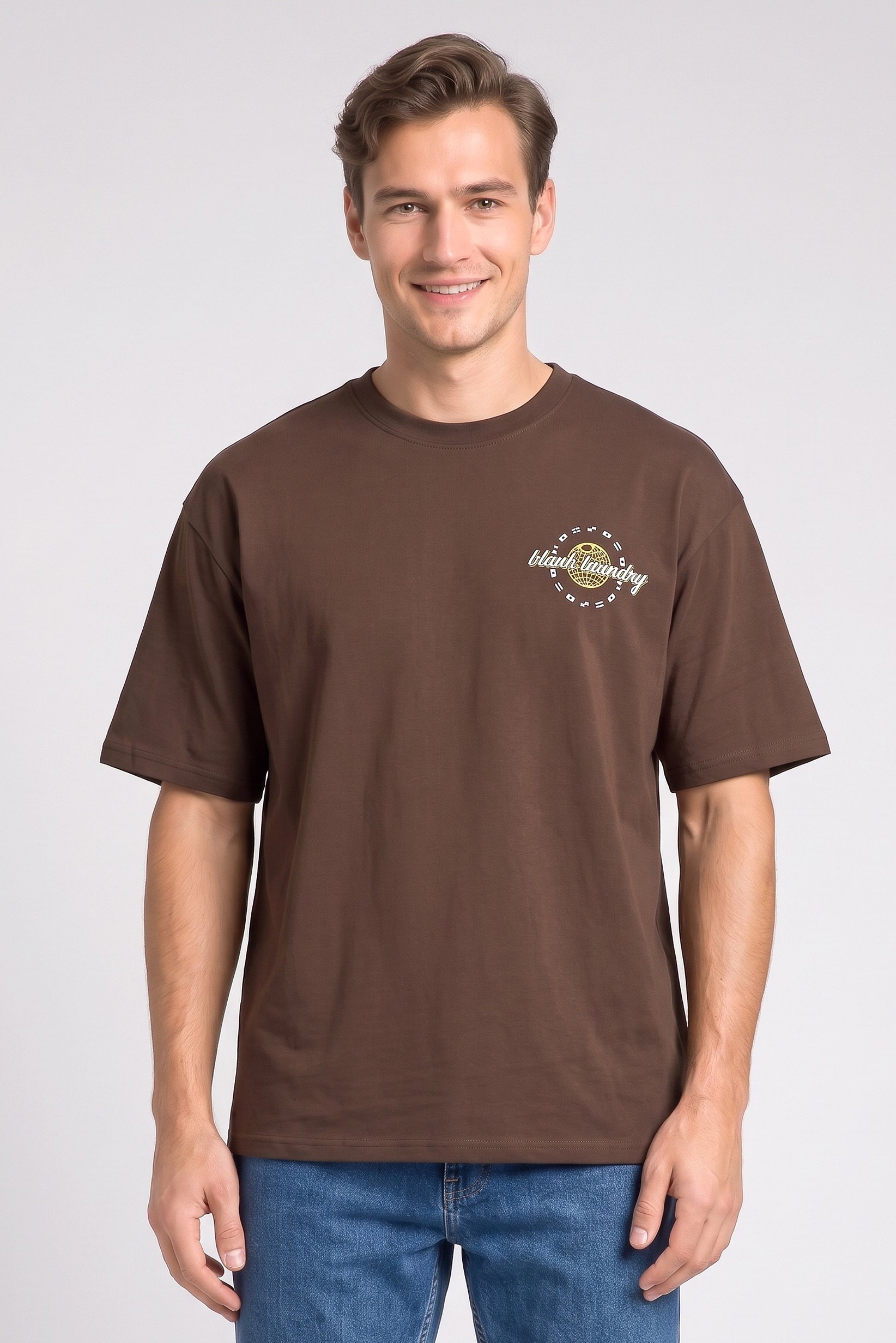 Men Crew Neck Graphic Print Short Sleeve T-Shirt, Brown