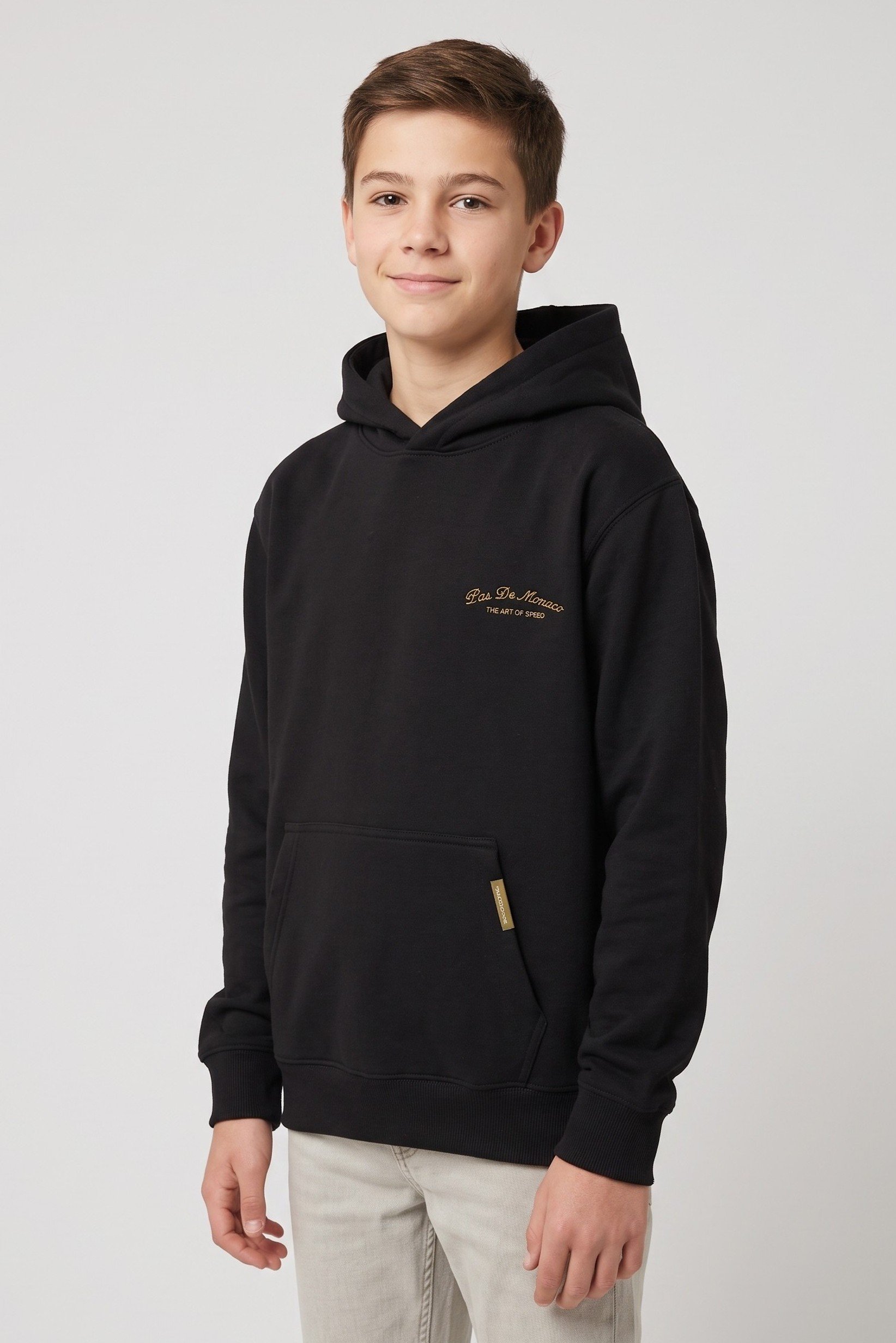 Kids Boy Embroidered Log Long Sleeve Hoodie, Black