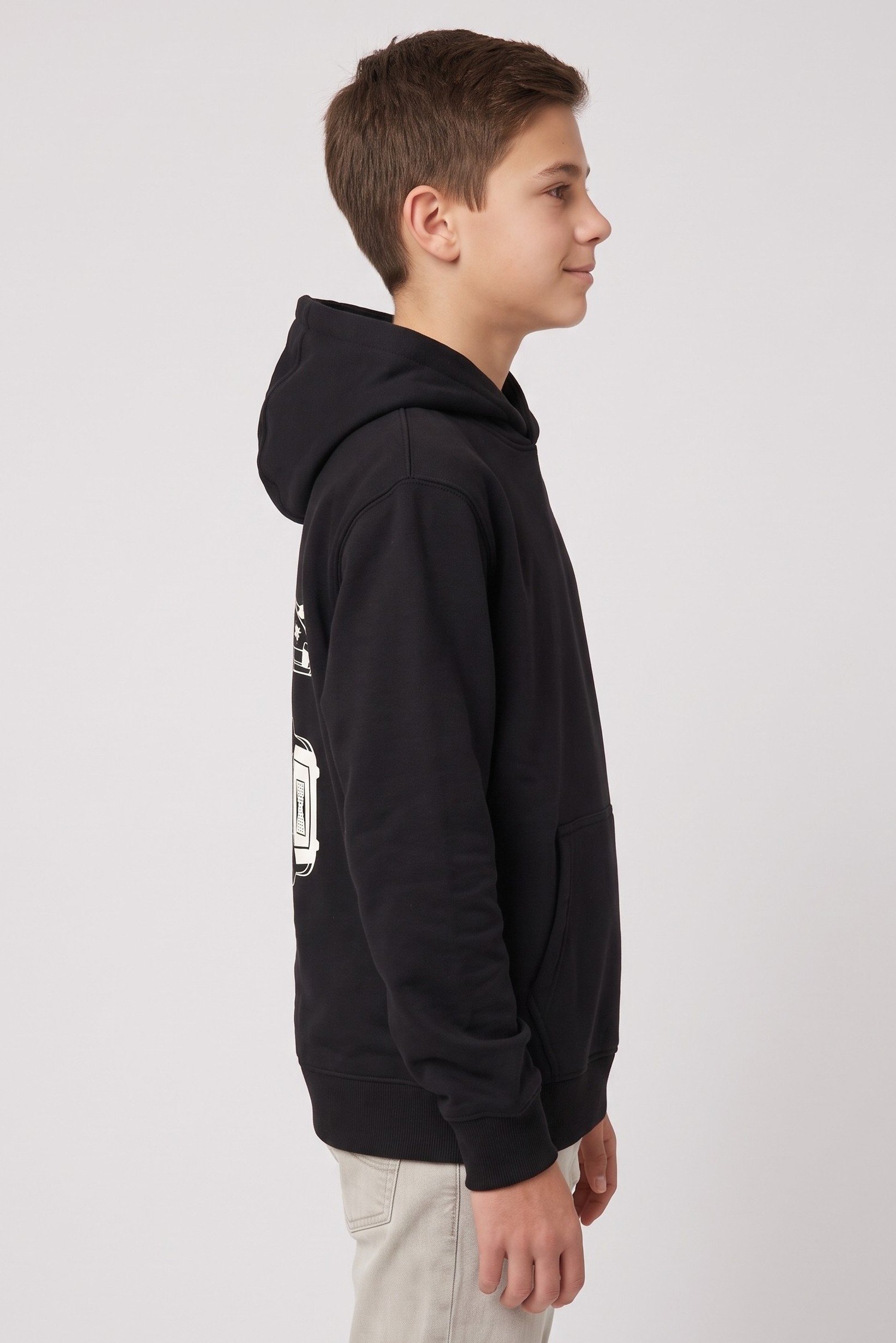Kids Boy Embroidered Log Long Sleeve Hoodie, Black