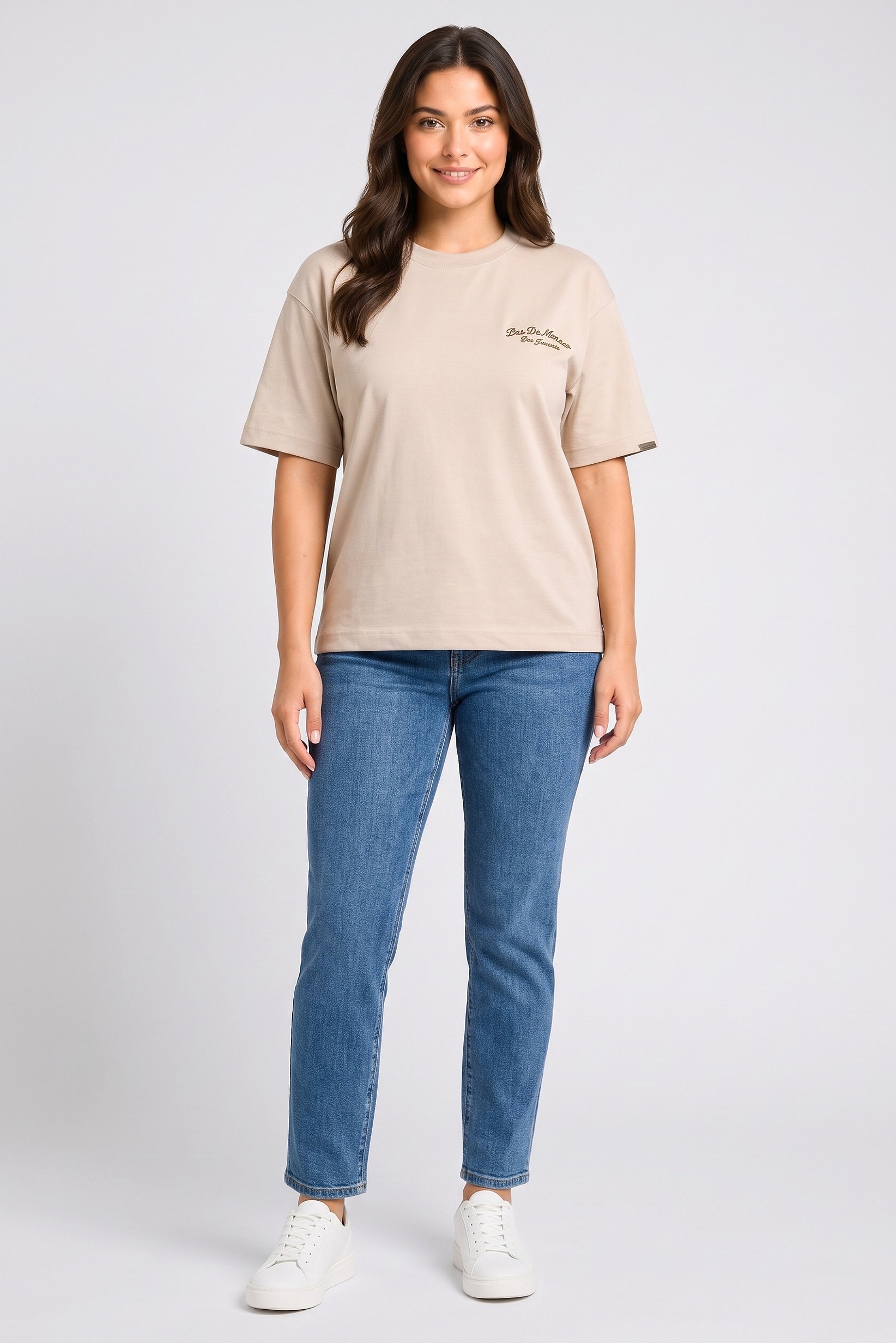 Women Crew Neck Short Sleeve  Embroidered Logo T-Shirt, Beige