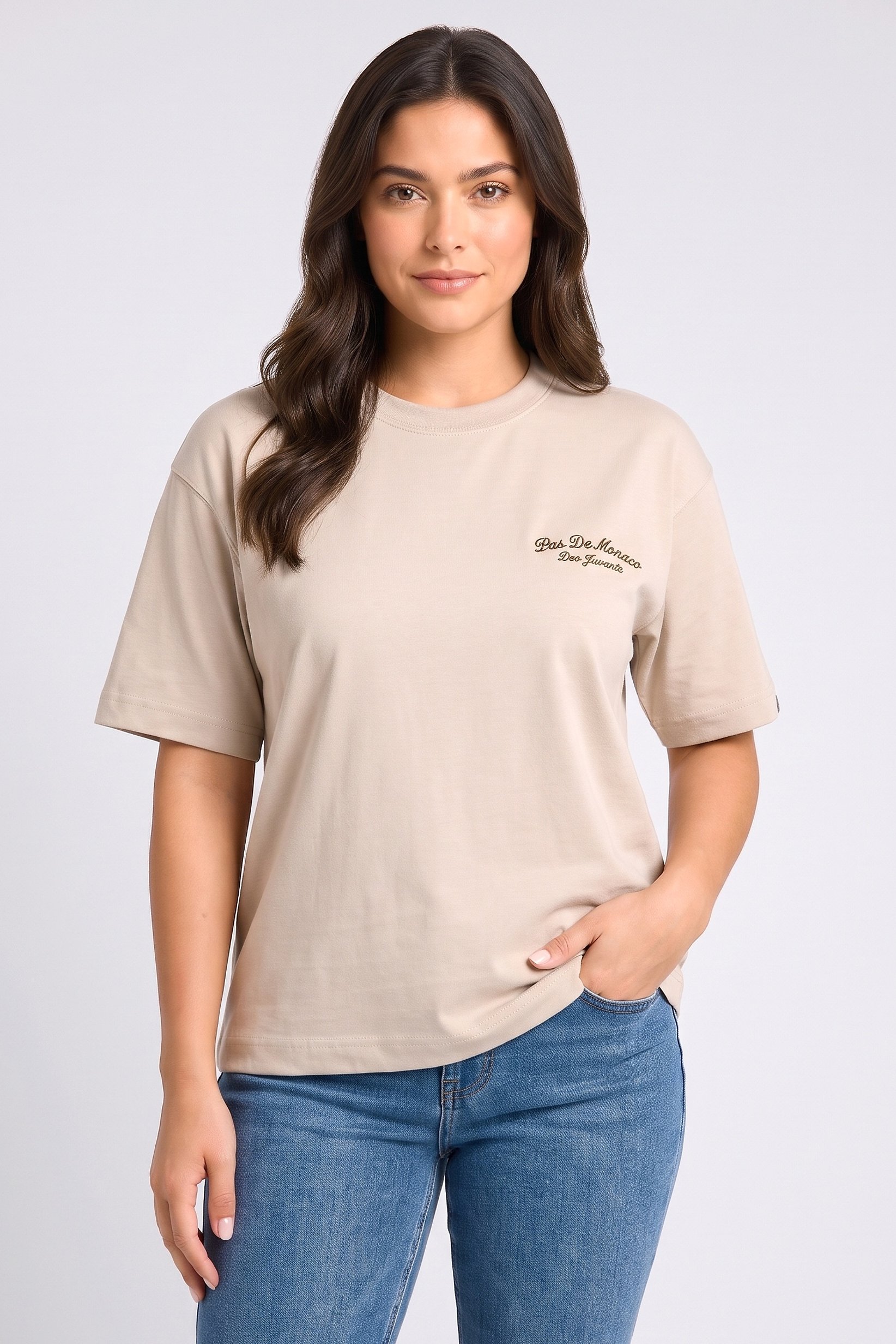 Women Crew Neck Short Sleeve  Embroidered Logo T-Shirt, Beige