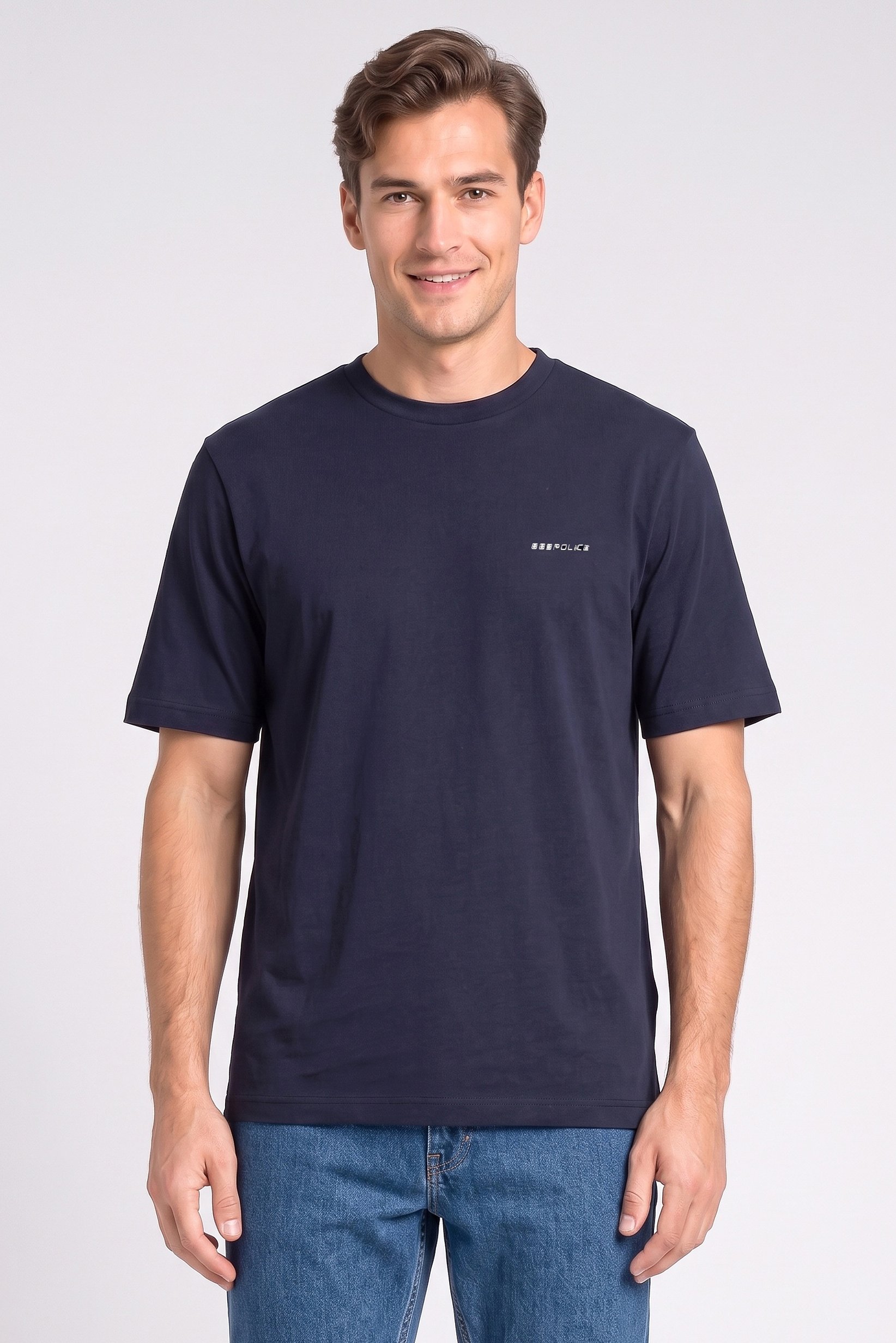 Men Crew Neck Short Sleeve Brand Logo T-Shirt, Navy Blue