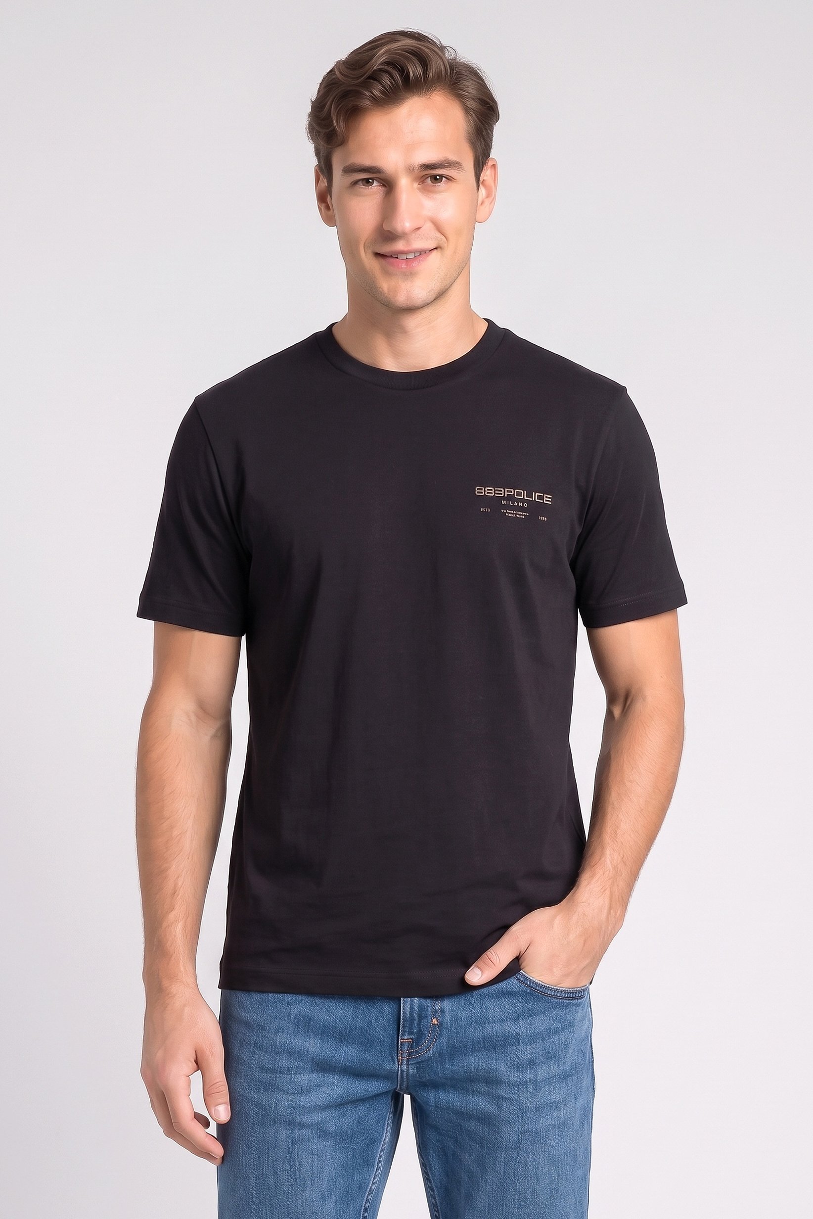 Men Crew Neck Short Sleeve Brand Logo T-Shirt, Black