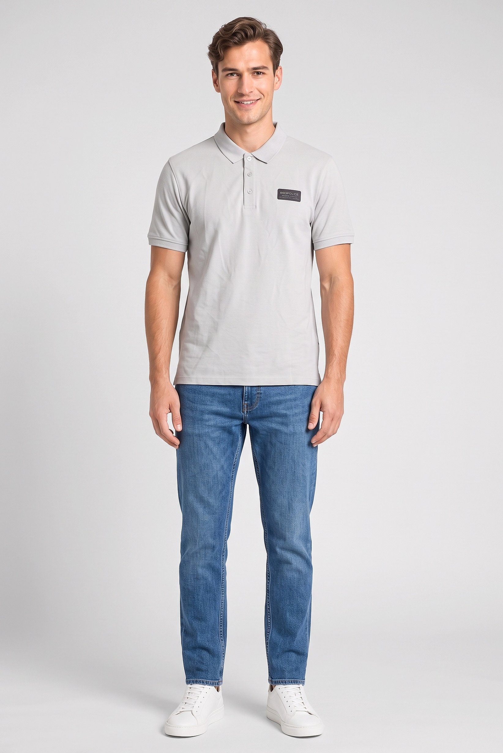 Men Regular Fit Brand Logo Short Sleeve Polo Shirt, Light Grey
