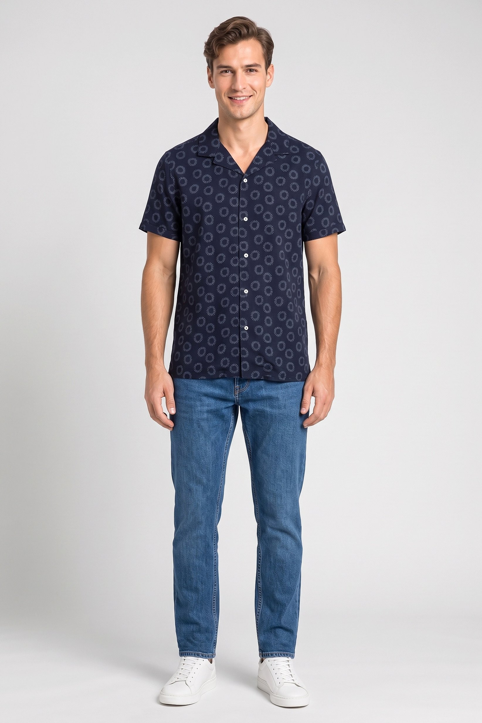 Men Lapel Collar Allover Print Short Sleeve Casual Shirt, Navy