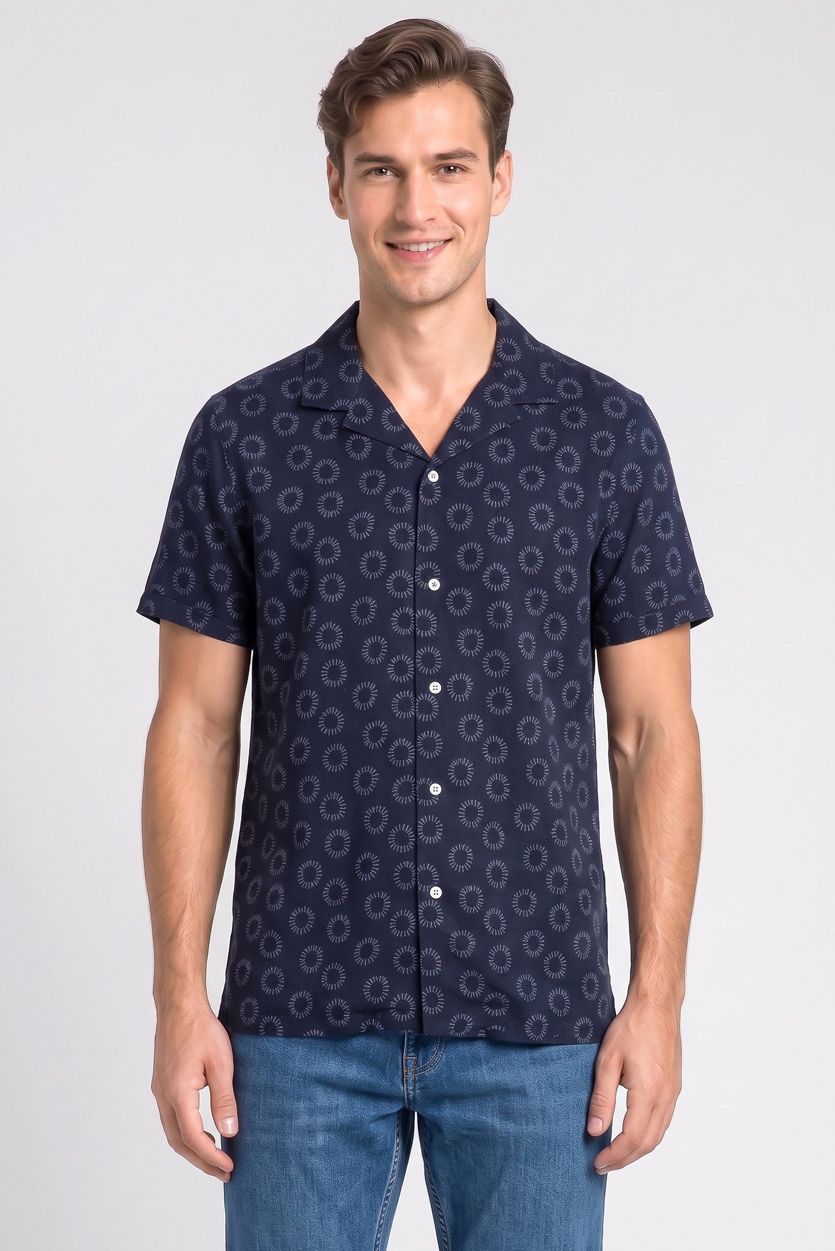 Men Lapel Collar Allover Print Short Sleeve Casual Shirt, Navy
