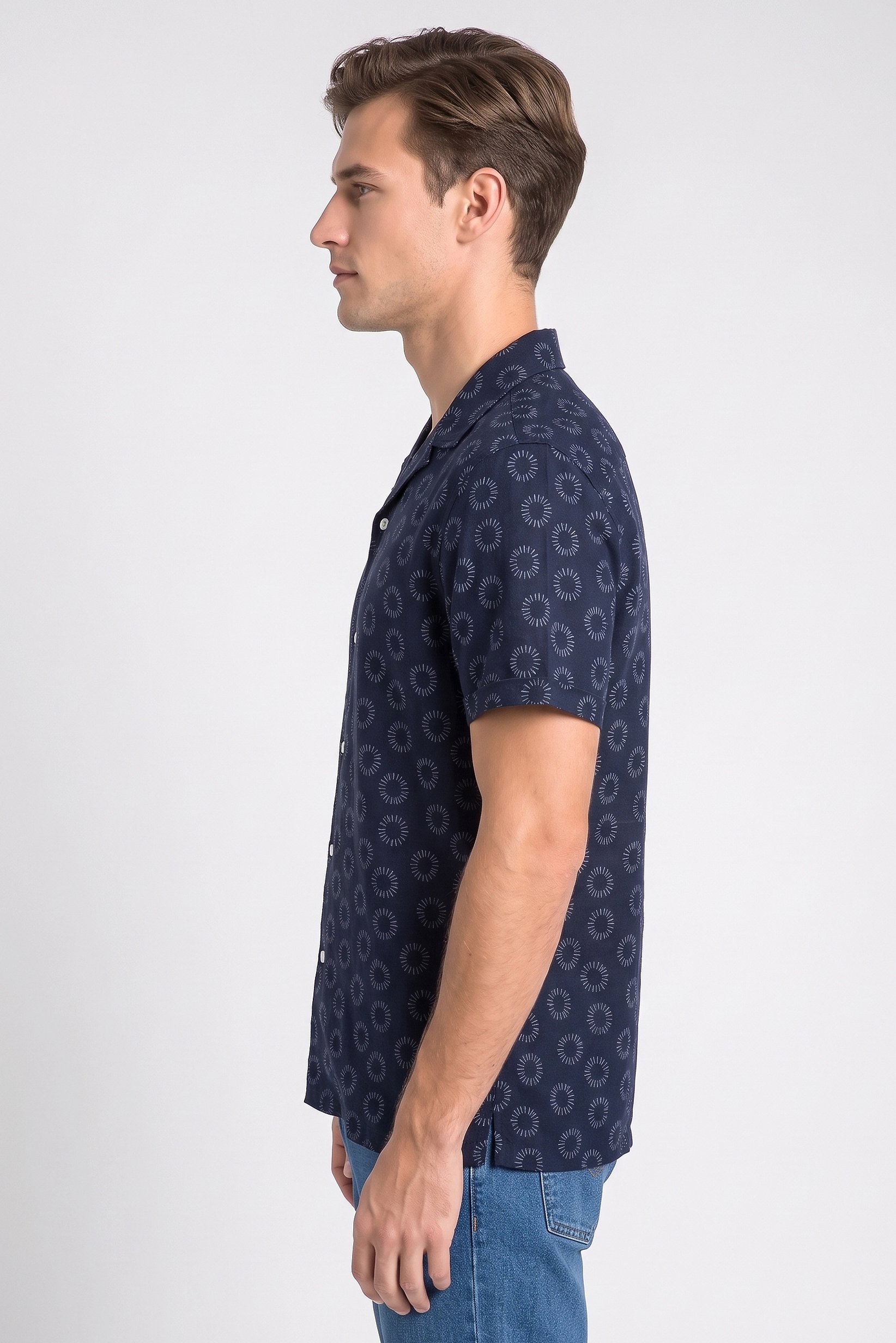 Men Lapel Collar Allover Print Short Sleeve Casual Shirt, Navy