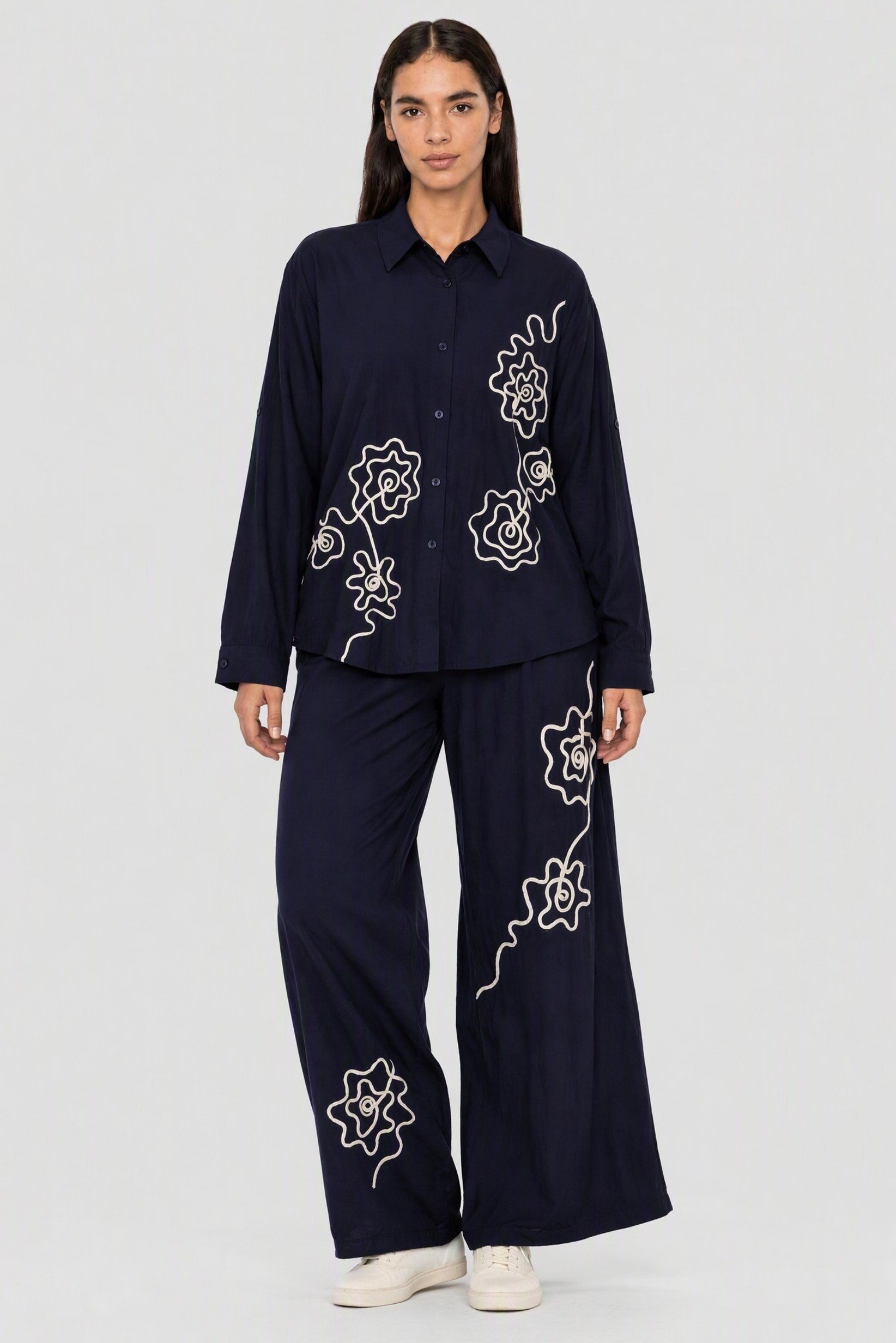 Women 2 Pieces Embroidered Shirt And Bottom Co-Ord Set, Navy Blue