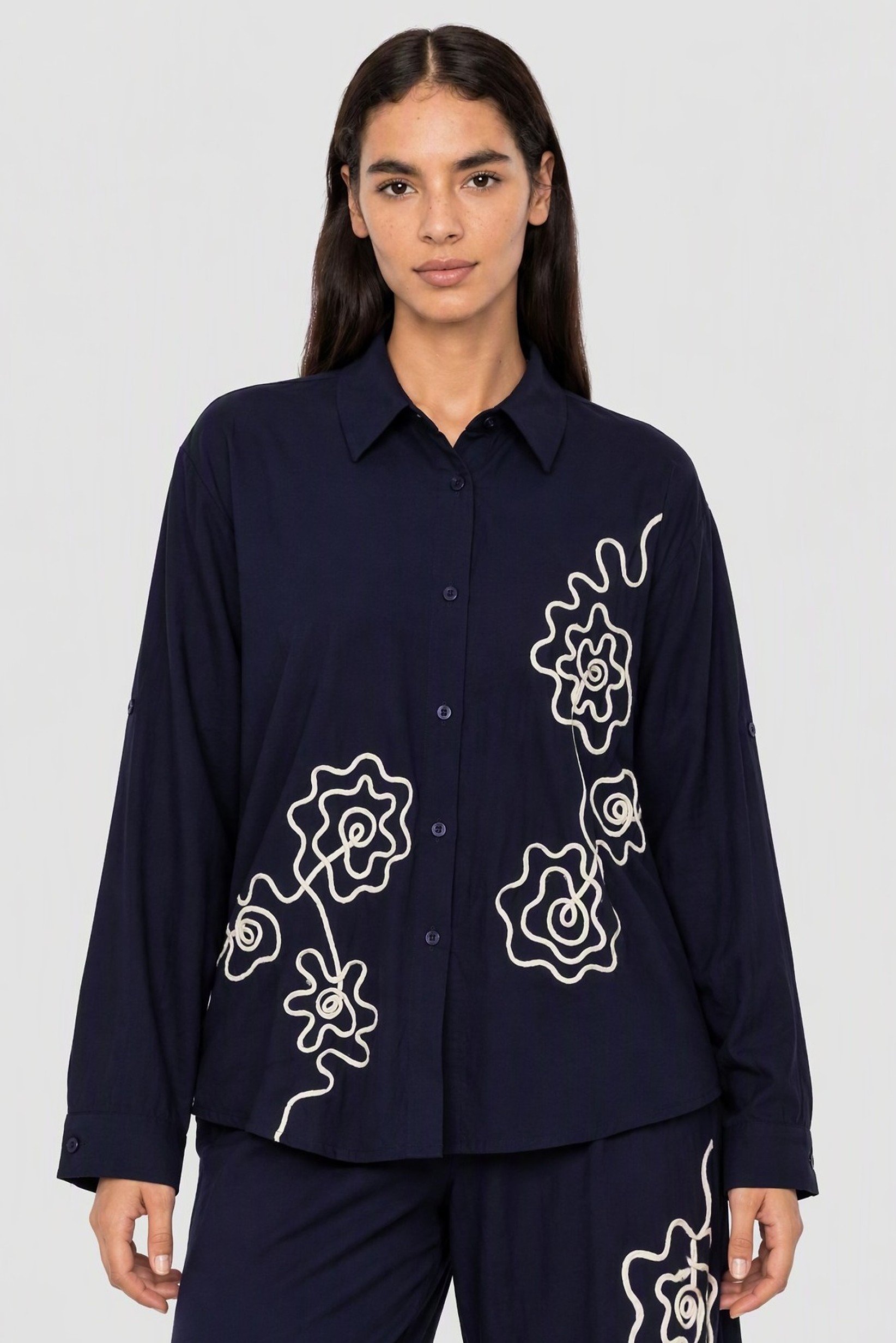 Women 2 Pieces Embroidered Shirt And Bottom Co-Ord Set, Navy Blue