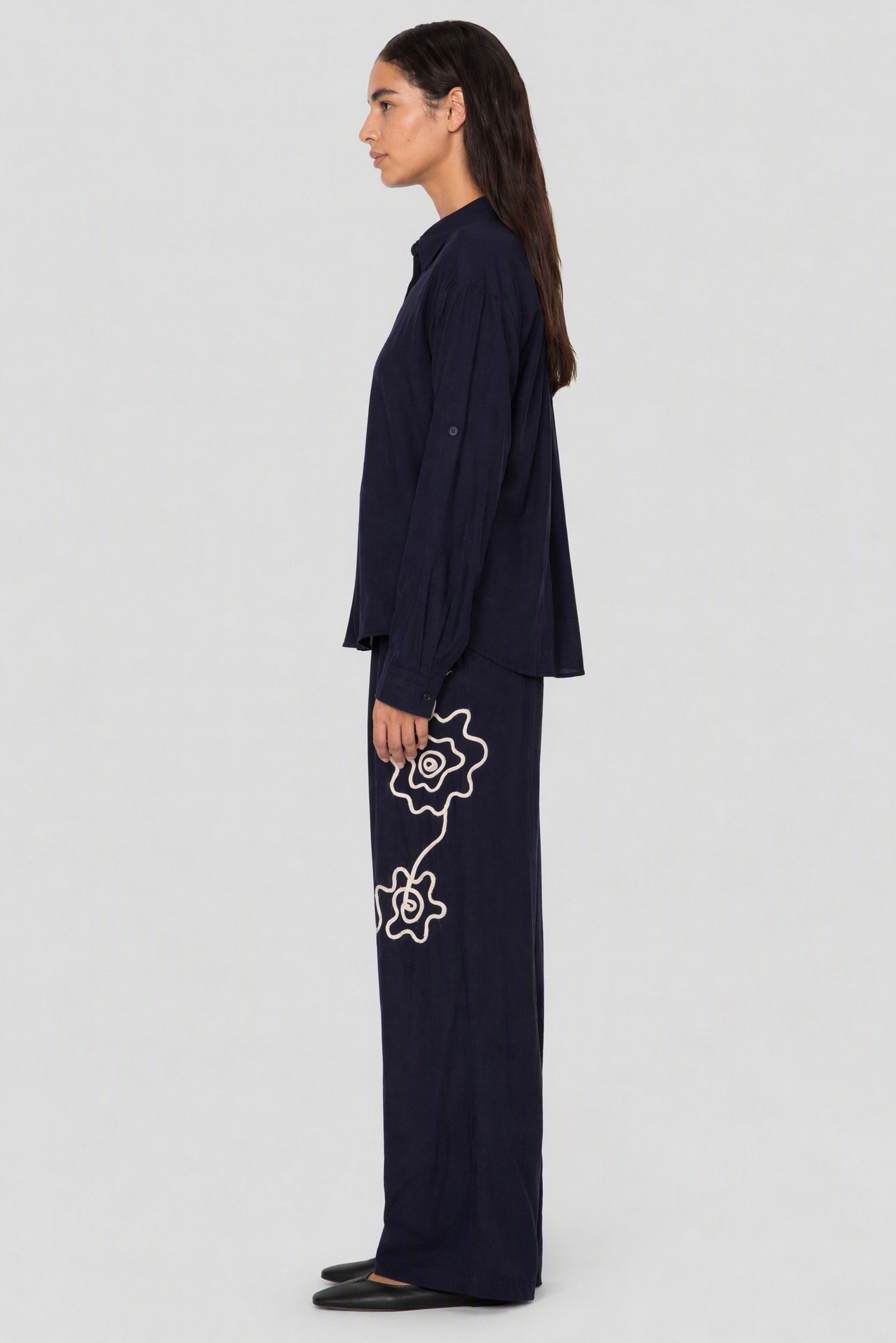 Women 2 Pieces Embroidered Shirt And Bottom Co-Ord Set, Navy Blue