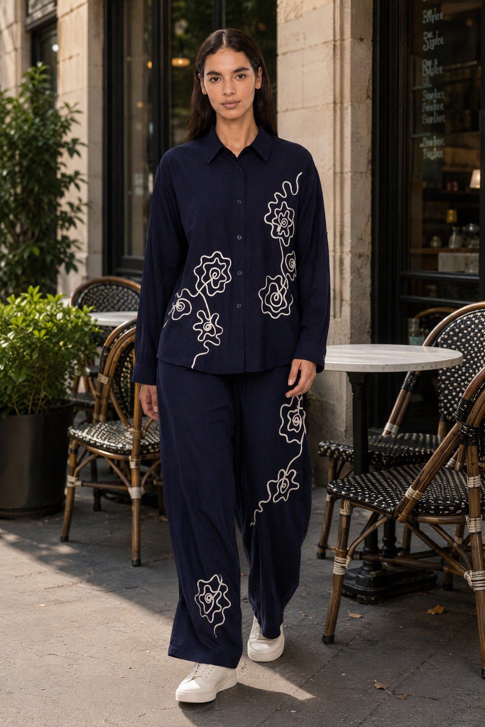 Women 2 Pieces Embroidered Shirt And Bottom Co-Ord Set, Navy Blue