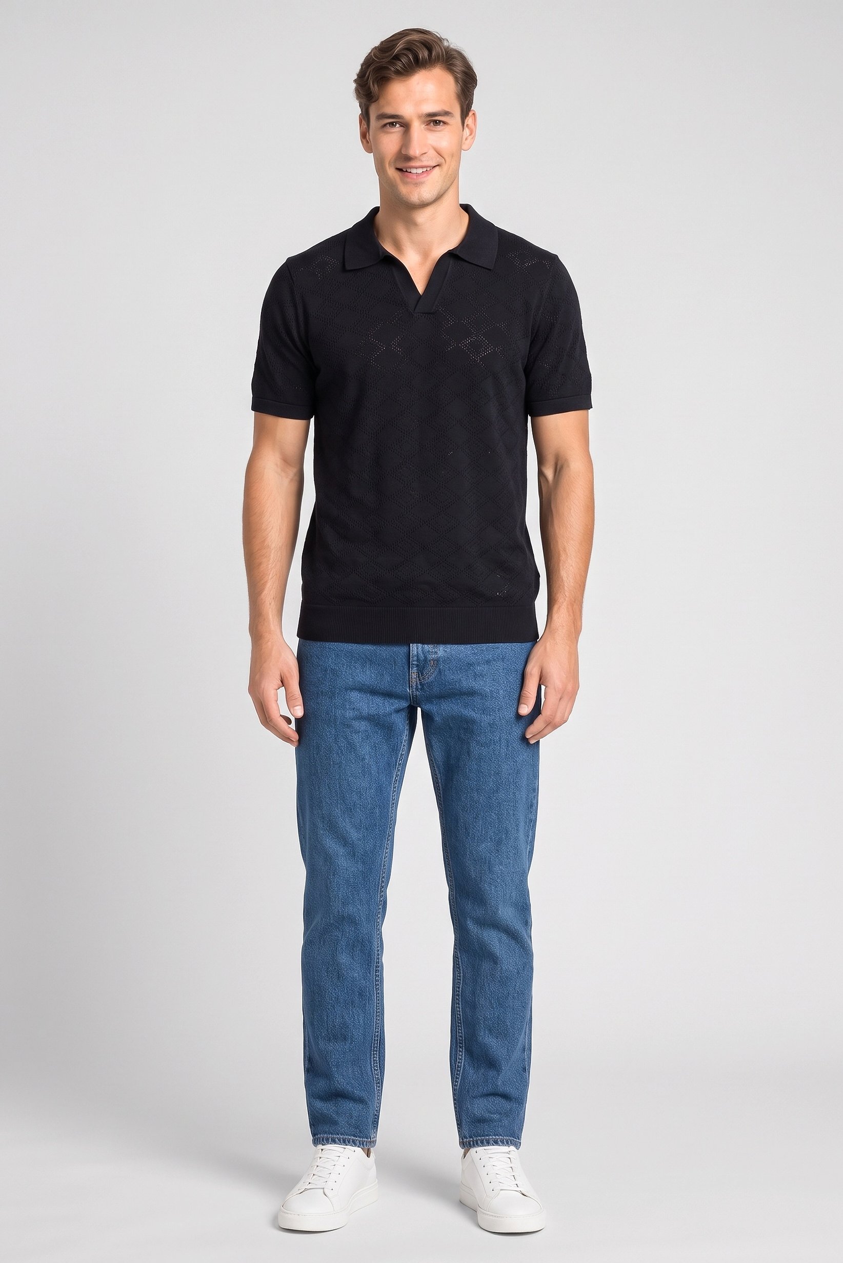 Men Regular Fit Knitted Short Sleeve Polo Shirt, Navy Blue