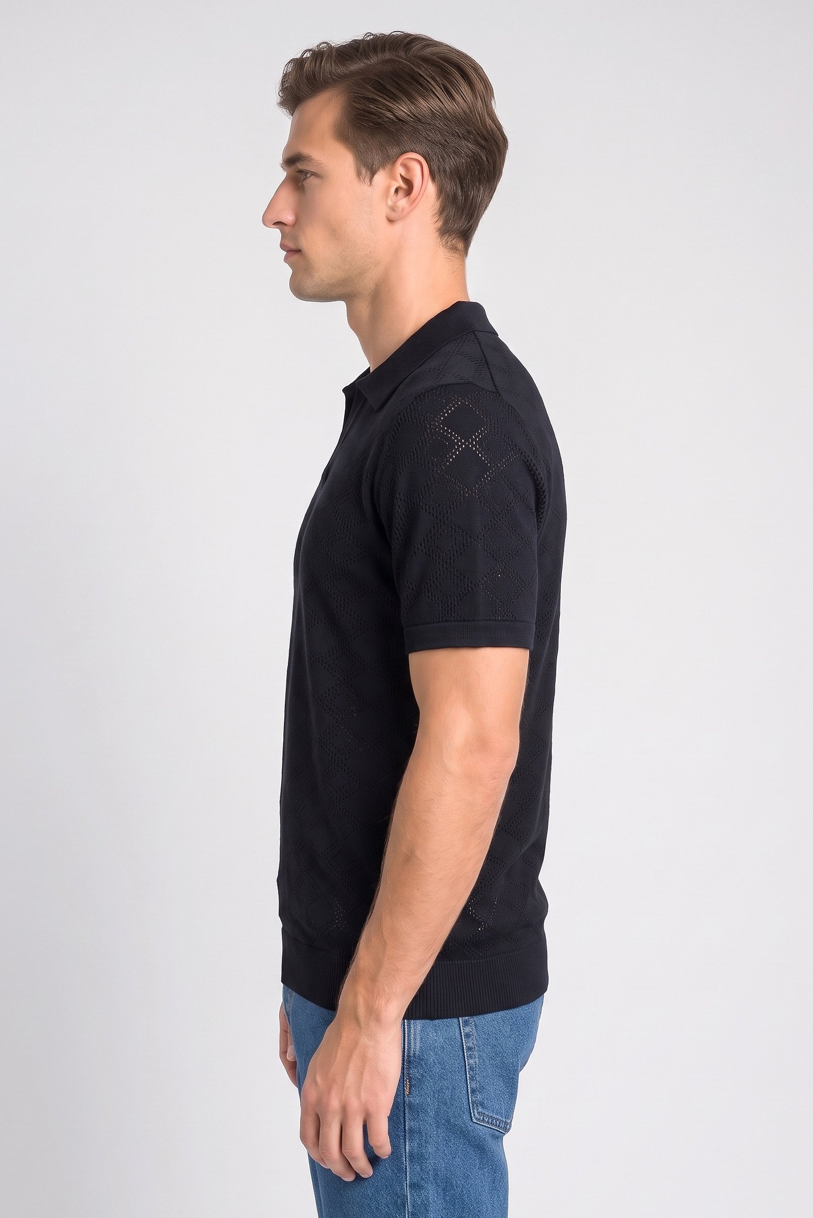 Men Regular Fit Knitted Short Sleeve Polo Shirt, Navy Blue