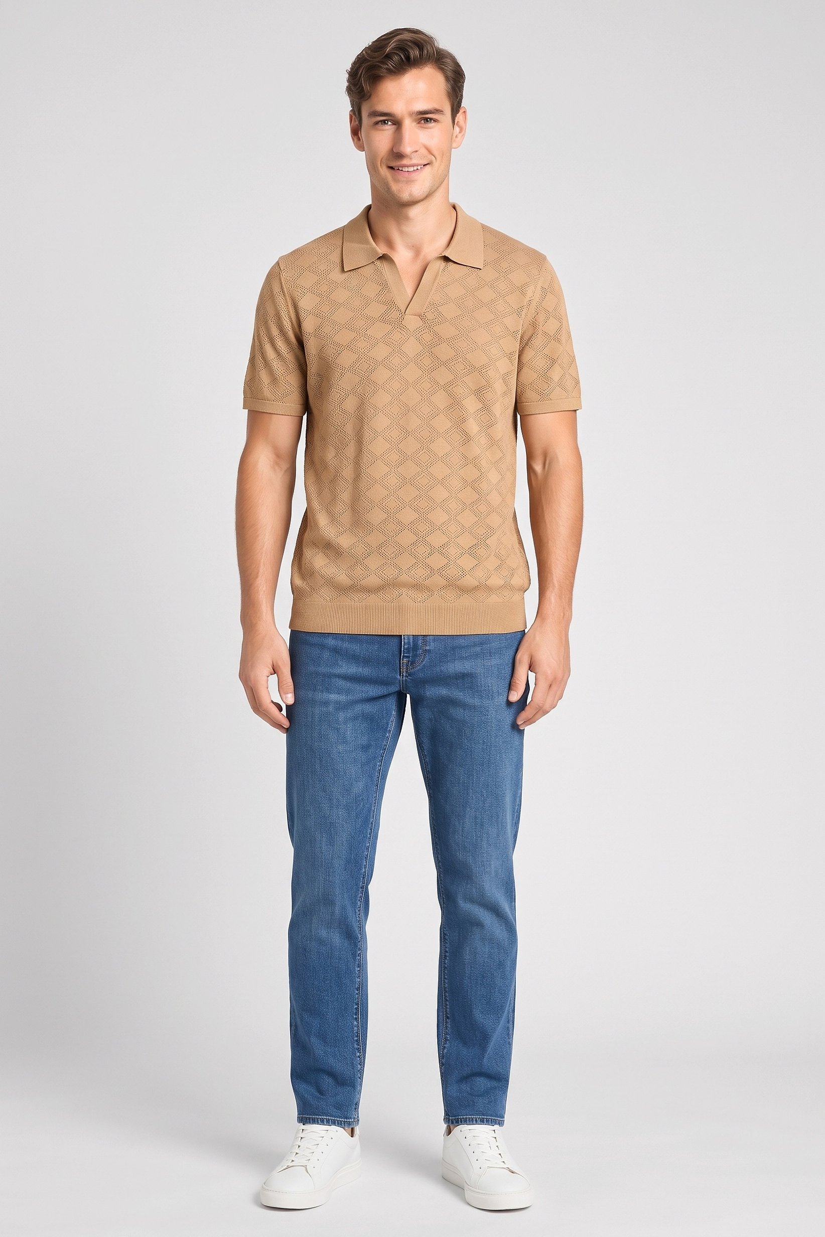Men Regular Fit Knitted Short Sleeve Polo Shirt, Light Tan