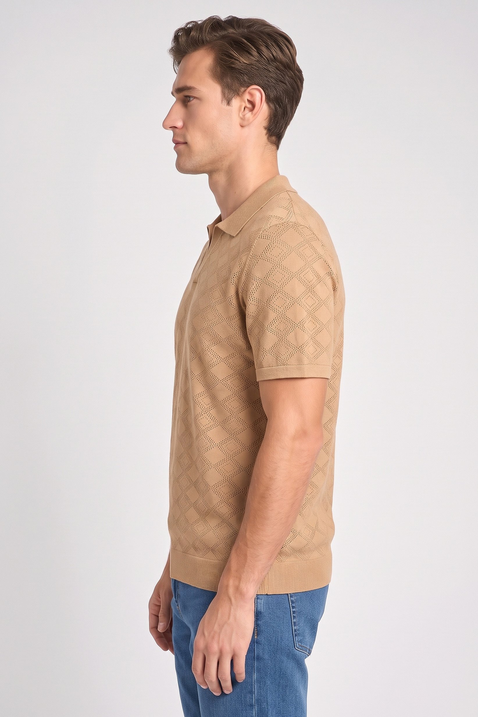 Men Regular Fit Knitted Short Sleeve Polo Shirt, Light Tan