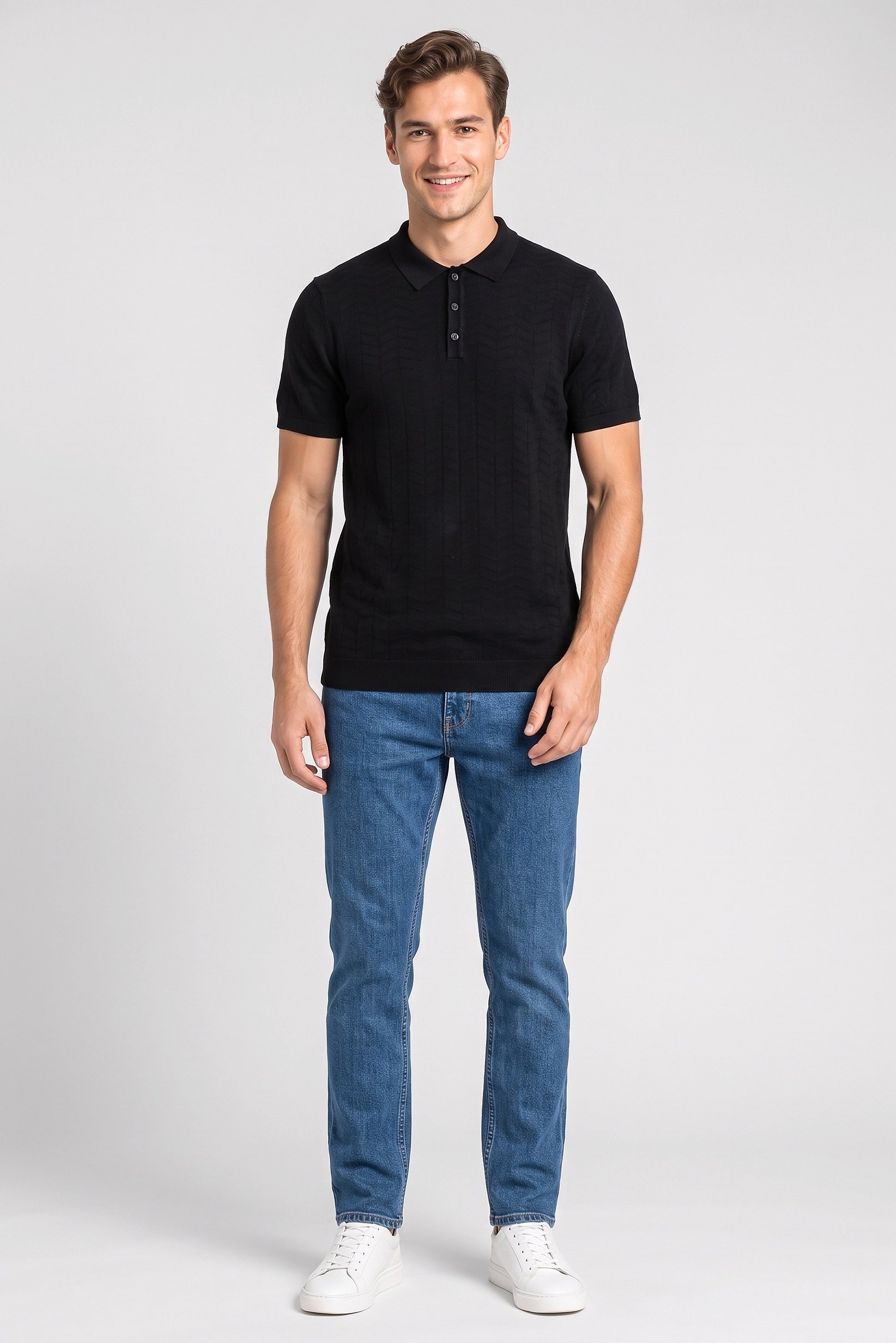 Men Regular Fit Textured Short Sleeve Polo Shirt, Black